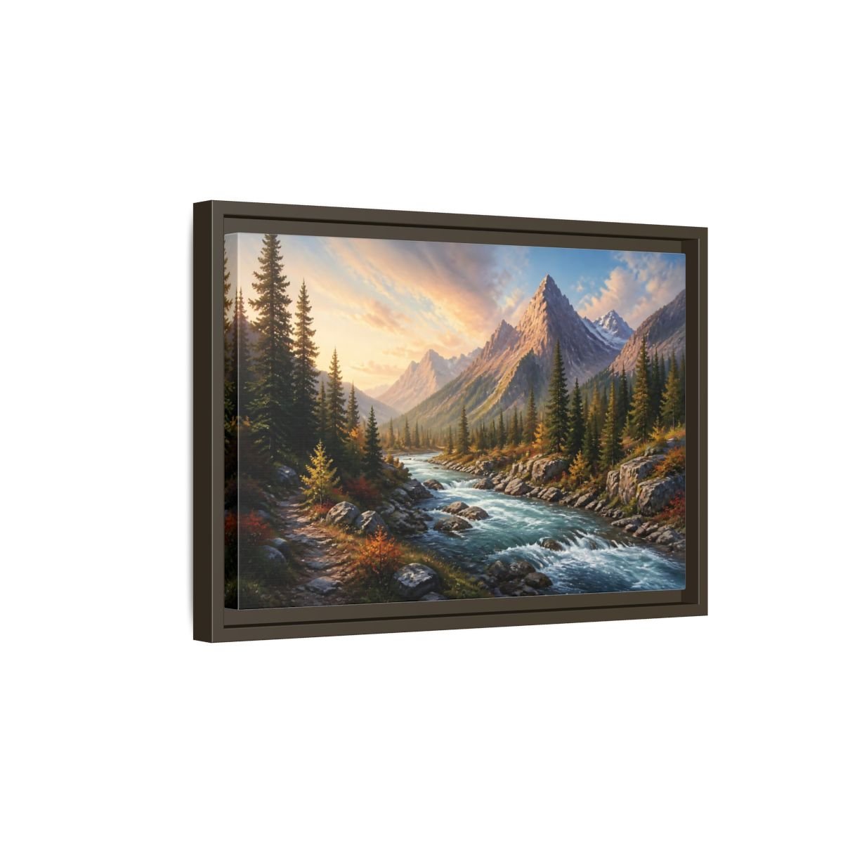 Nature Mountain River Autumn Framed Canvas Wall Art Print – Realistic Living Room, Above Console Table - YesArtYes