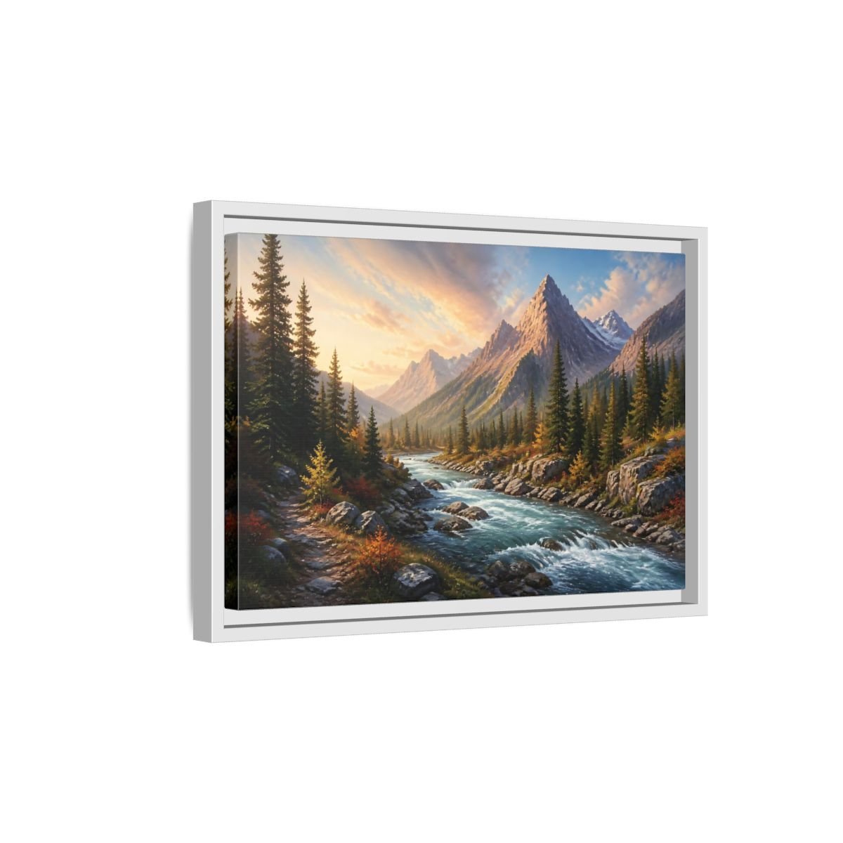 Nature Mountain River Autumn Framed Canvas Wall Art Print – Realistic Living Room, Above Console Table - YesArtYes