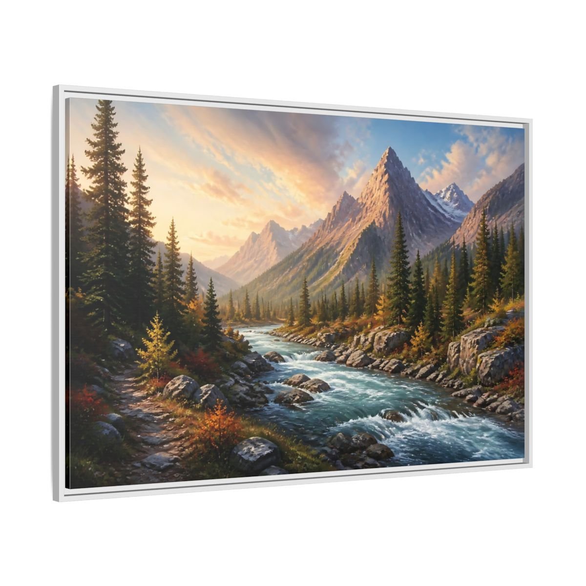 Nature Mountain River Autumn Framed Canvas Wall Art Print – Realistic Living Room, Above Console Table - YesArtYes