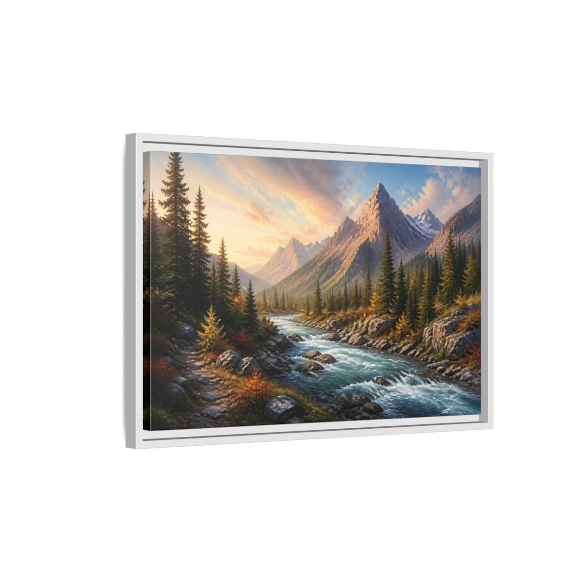 Nature Mountain River Autumn Framed Canvas Wall Art Print – Realistic Living Room, Above Console Table - YesArtYes