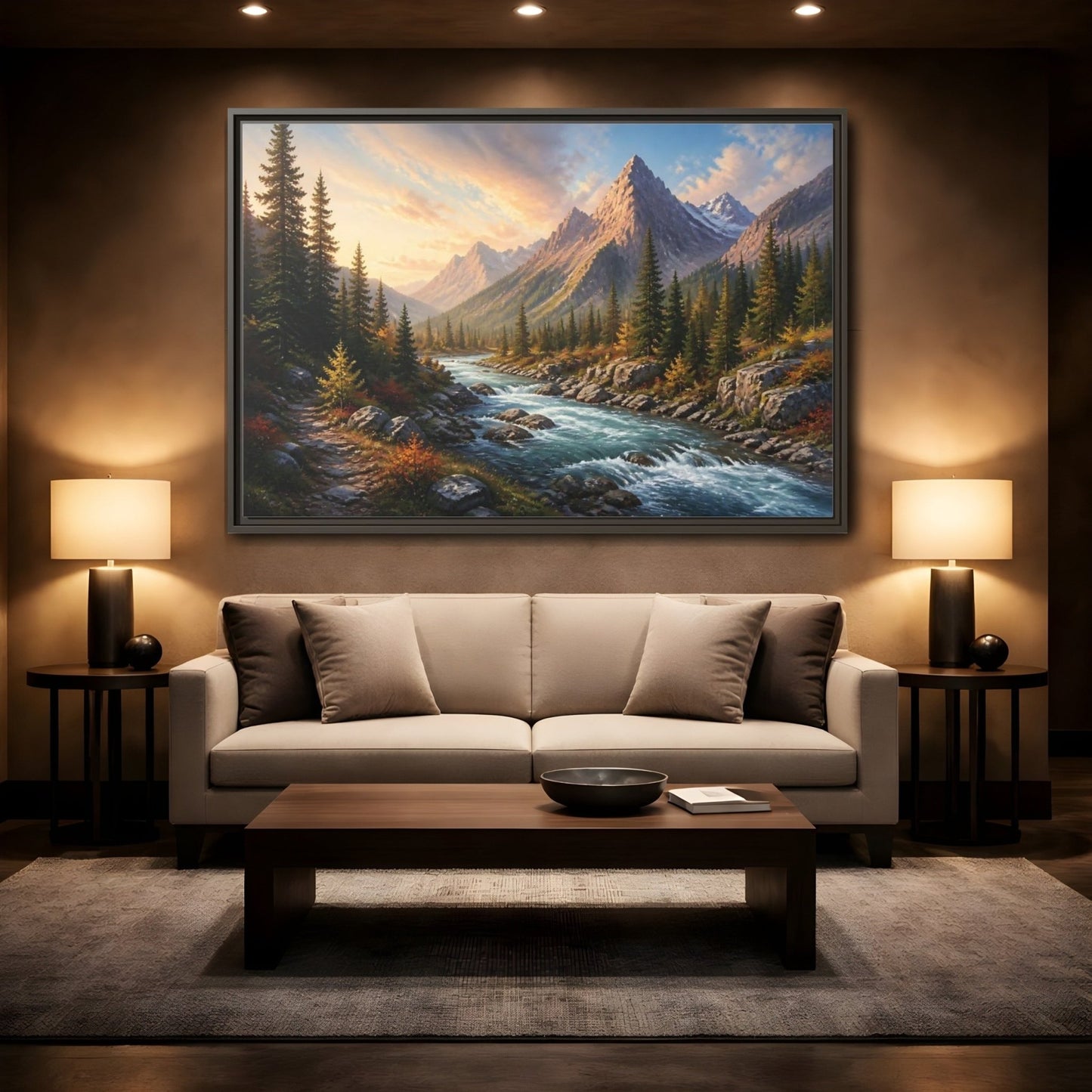 Nature Mountain River Autumn Framed Canvas Wall Art Print – Realistic Living Room, Above Console Table - YesArtYes