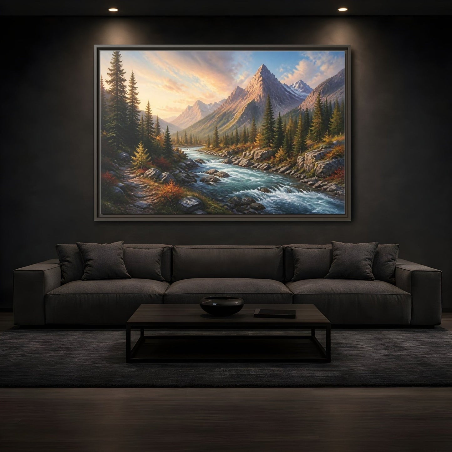 Nature Mountain River Autumn Framed Canvas Wall Art Print – Realistic Living Room, Above Console Table - YesArtYes
