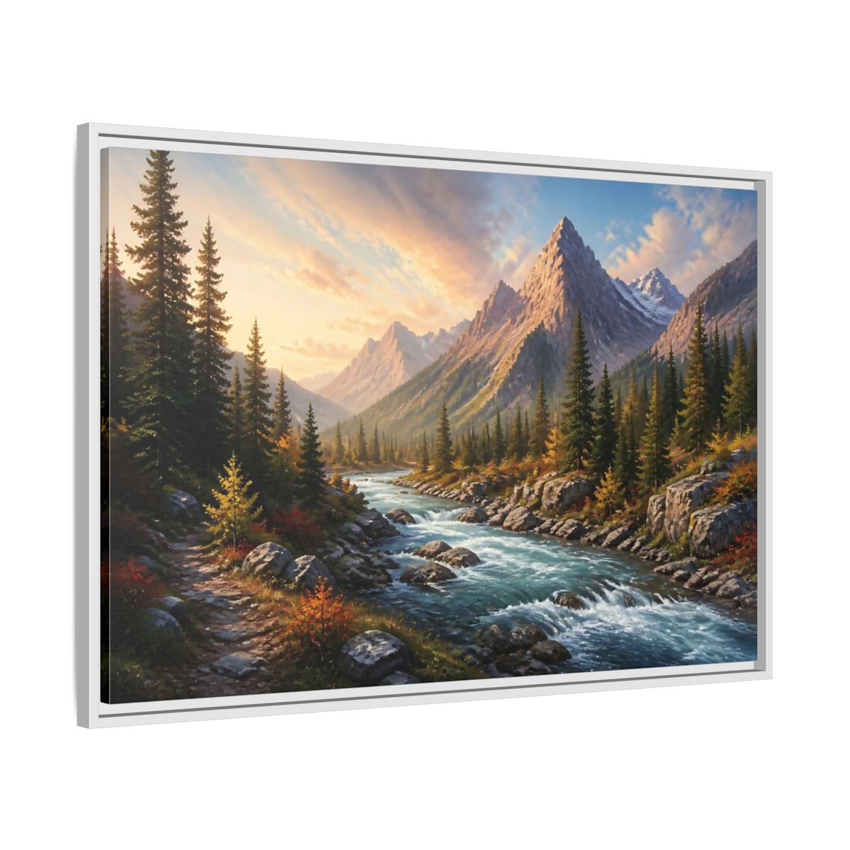 Side Mockup 9. Nature Mountain River Autumn Mountain River shown as stretched canvas wall art