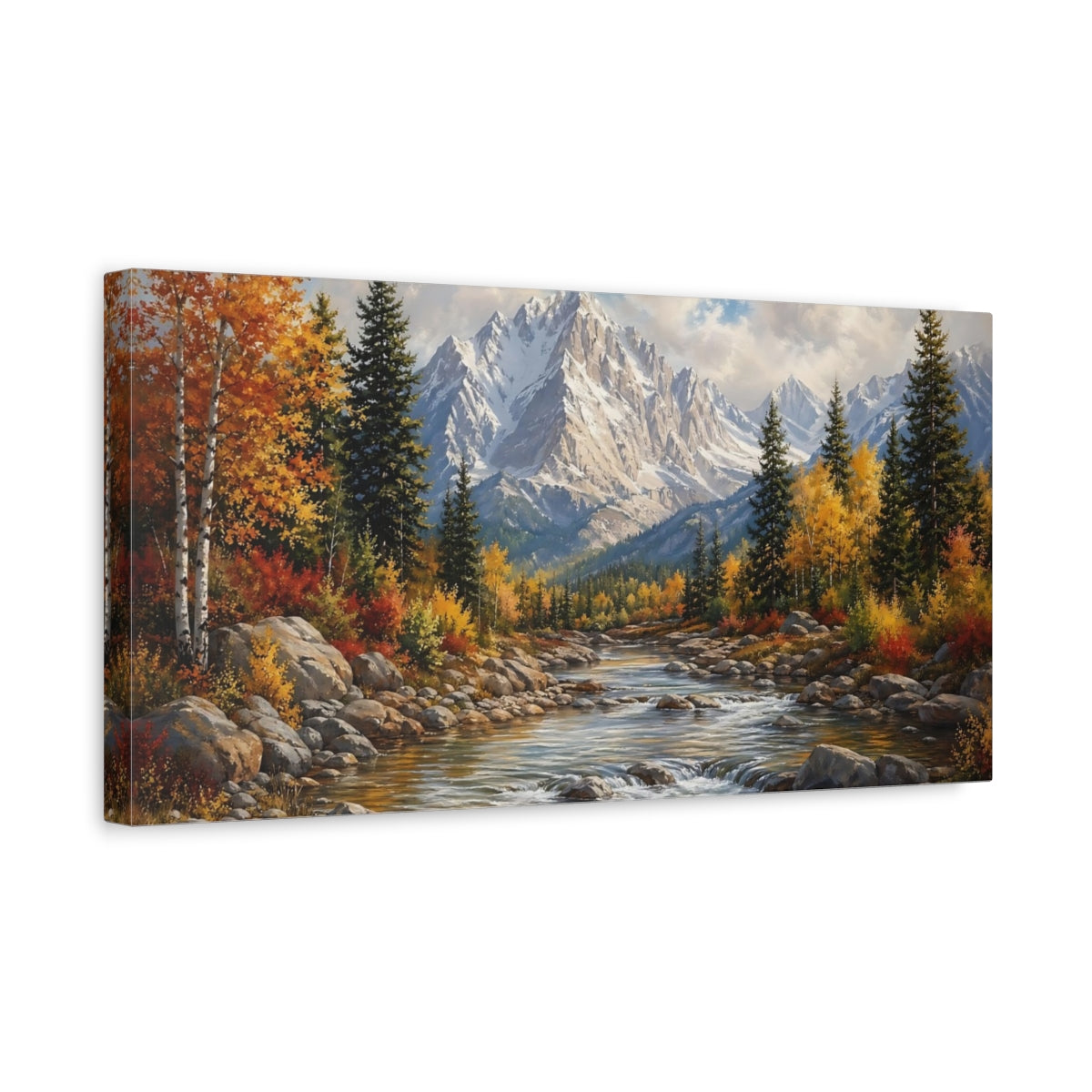 Side Mockup 3. Nature Mountain River Autumn Landscape shown as stretched canvas wall art