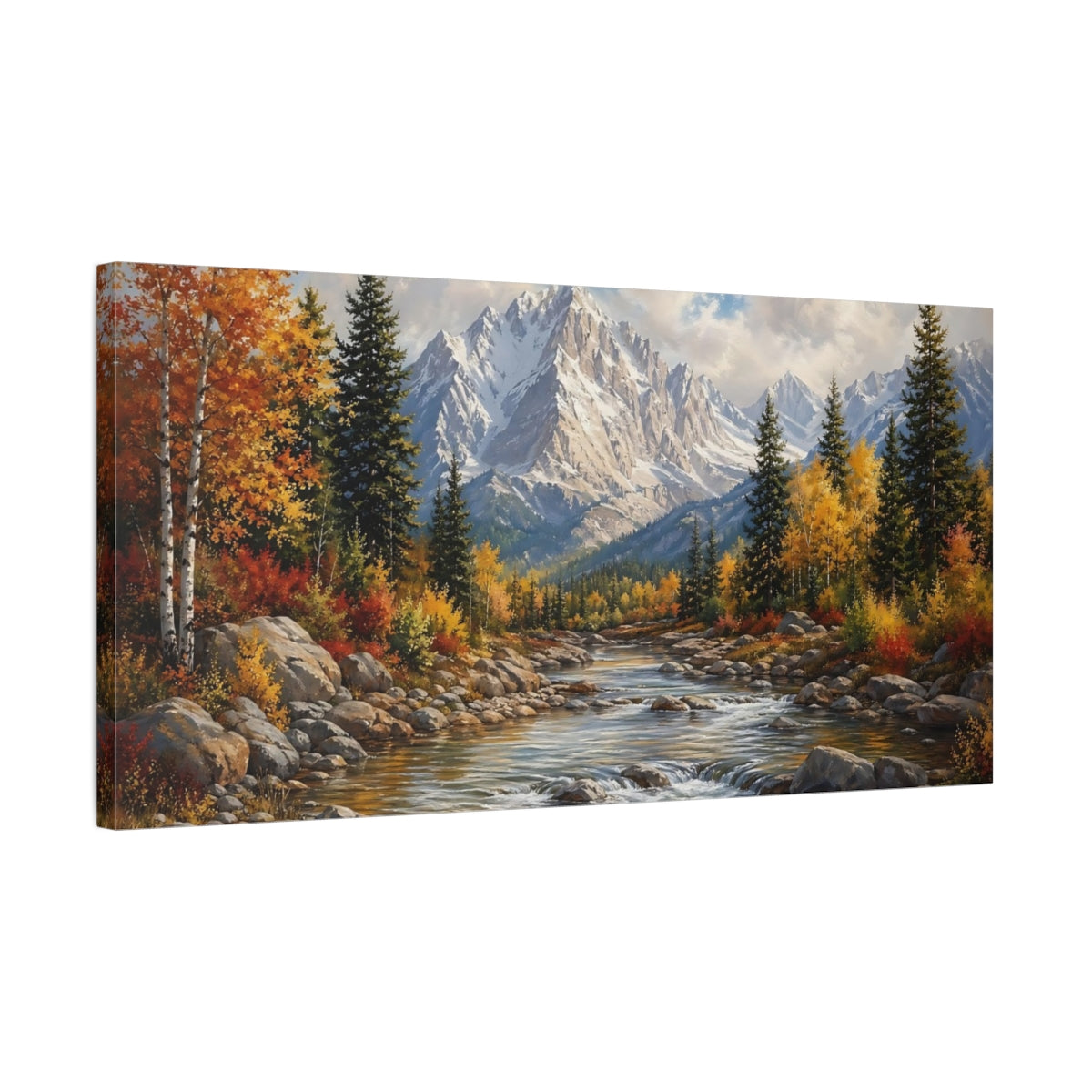 Side Mockup 1. Nature Mountain River Autumn Landscape shown as stretched canvas wall art
