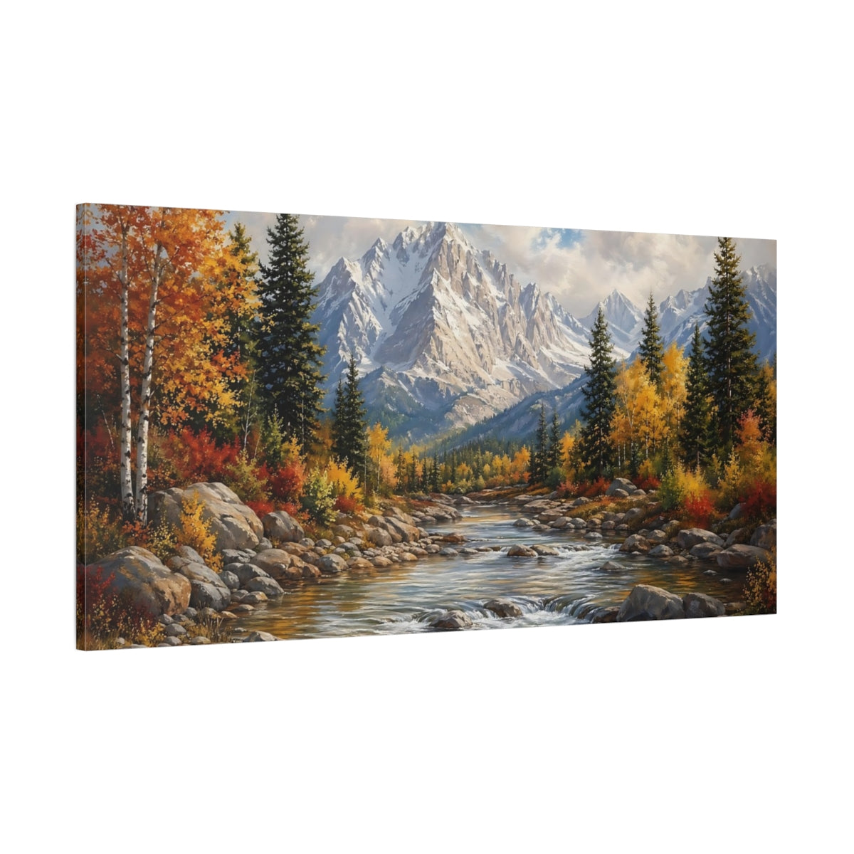 Side Mockup 2. Nature Mountain River Autumn Landscape shown as stretched canvas wall art