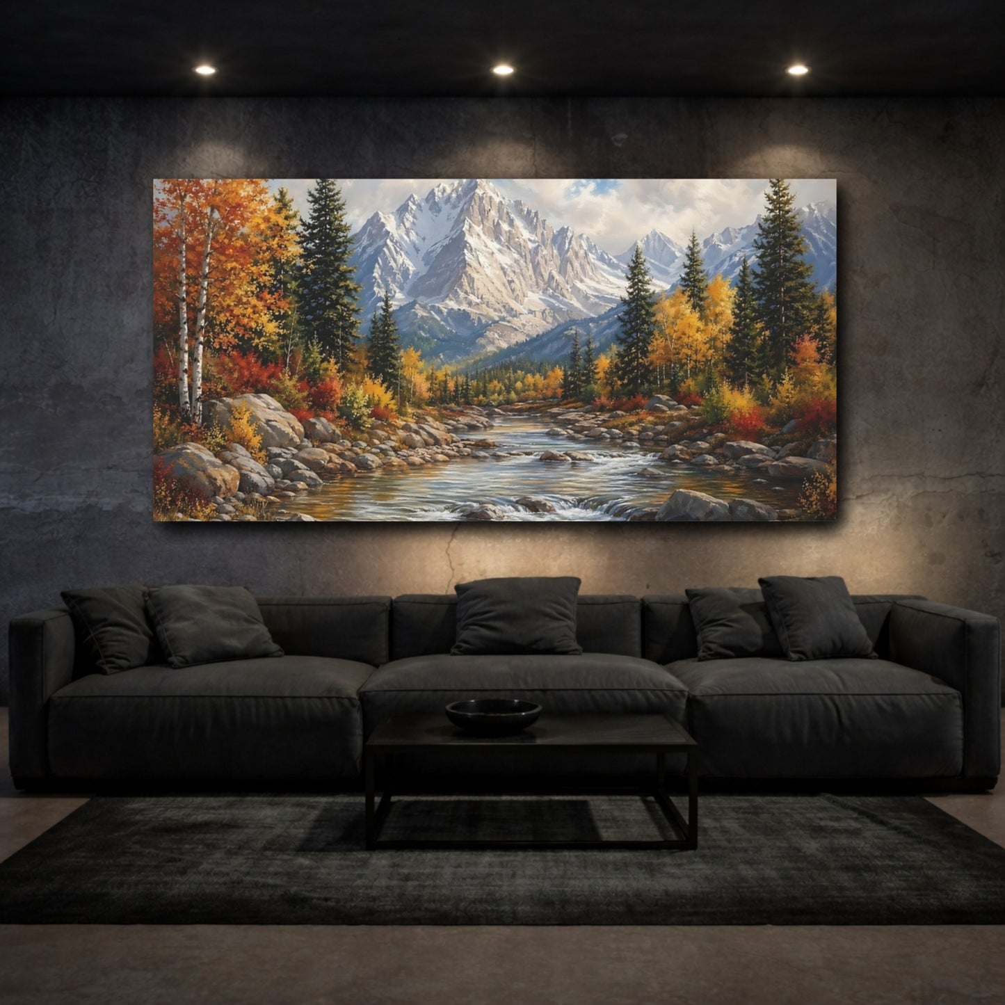 Mockup 2. Nature Mountain River Autumn Landscape shown as stretched canvas wall art