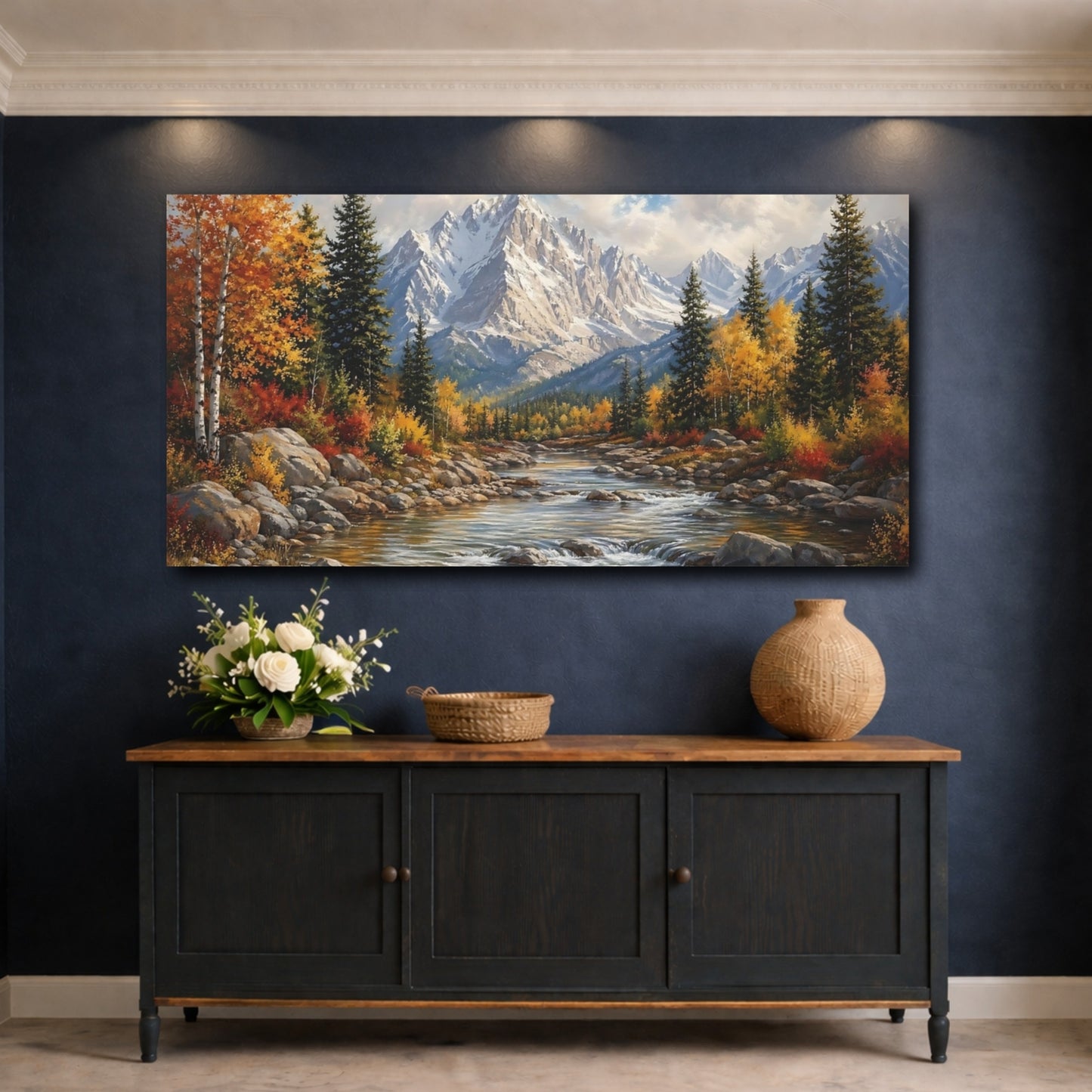 Mockup 4. Nature Mountain River Autumn Landscape shown as stretched canvas wall art