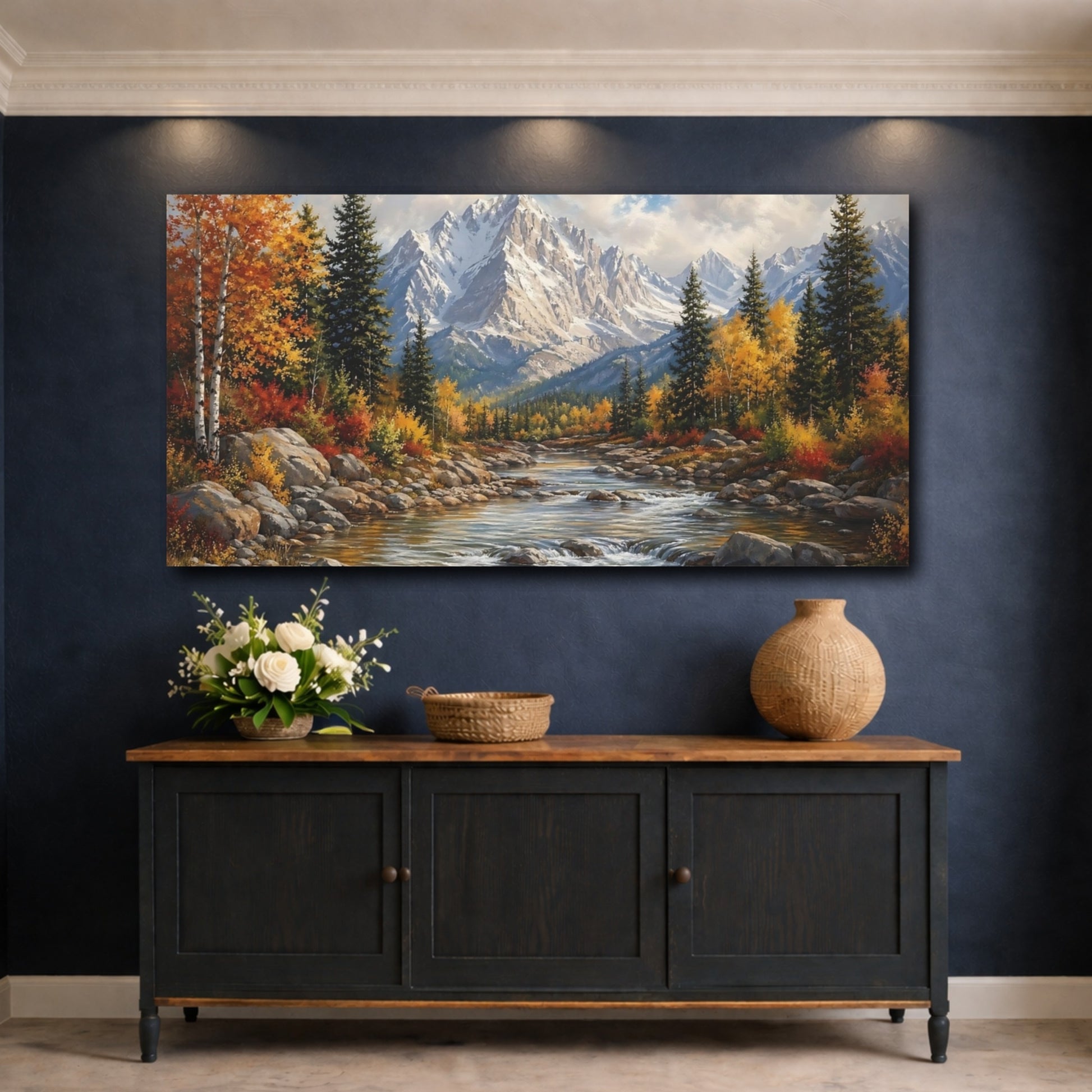 Mockup 4. Nature Mountain River Autumn Landscape shown as stretched canvas wall art
