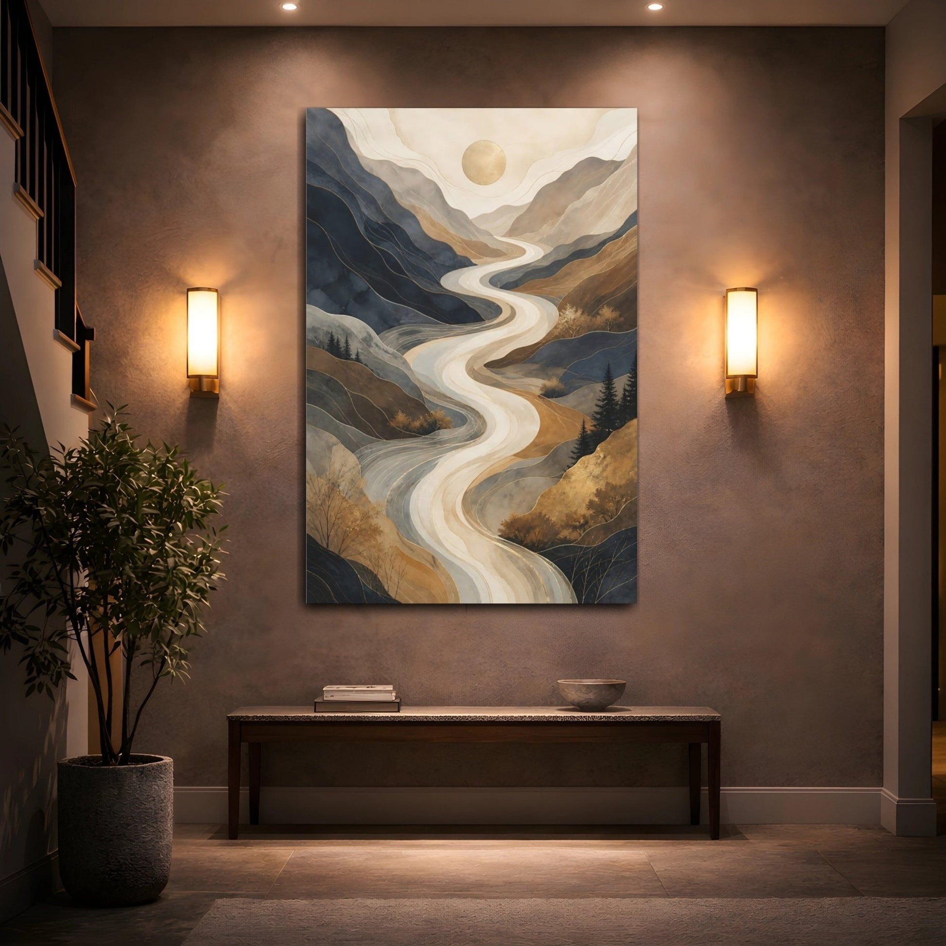 Nature Mountain River Blue Brown Gold Canvas Wall Art Print – Living Room Decor, Large - YesArtYes