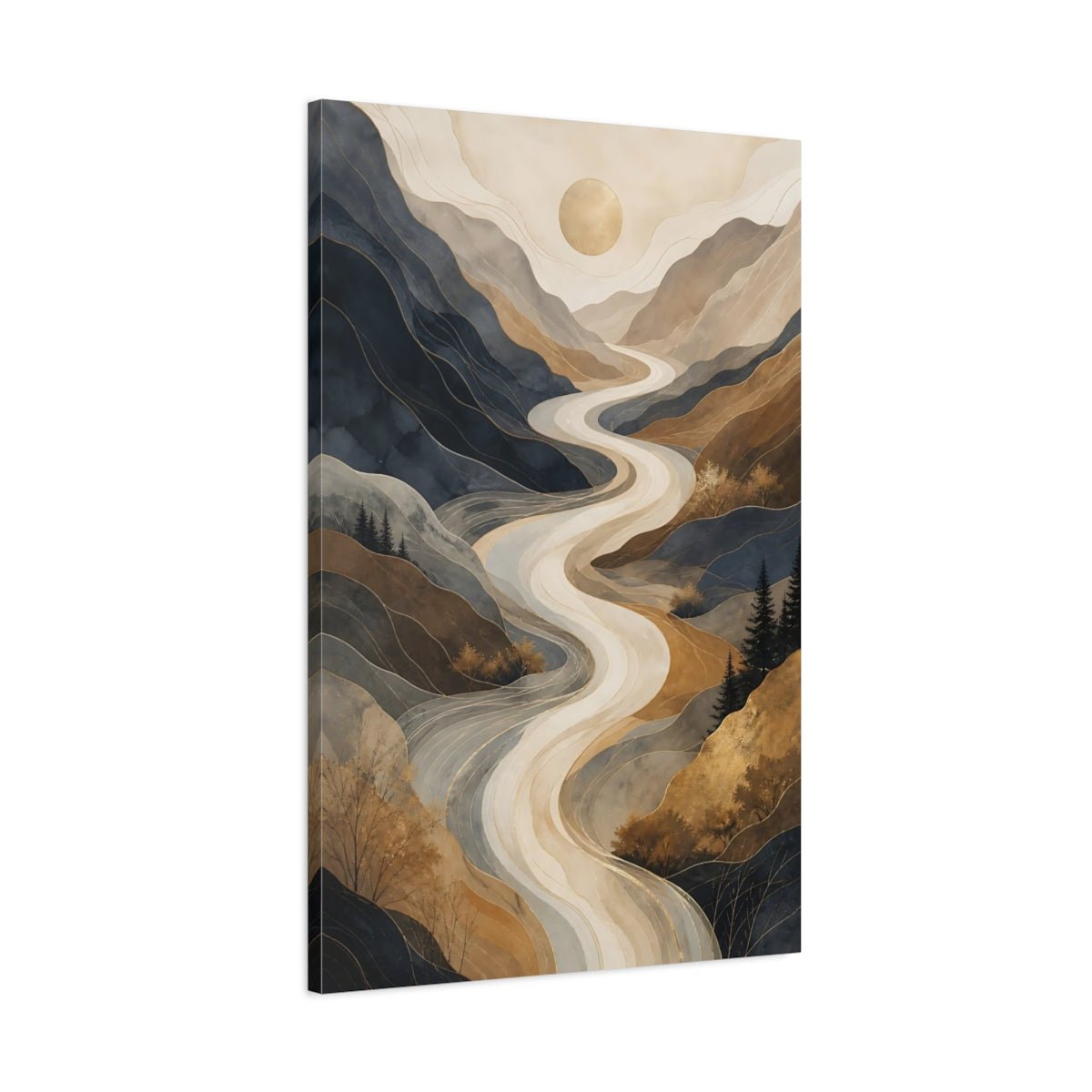Nature Mountain River Blue Brown Gold Canvas Wall Art Print – Living Room Decor, Large - YesArtYes
