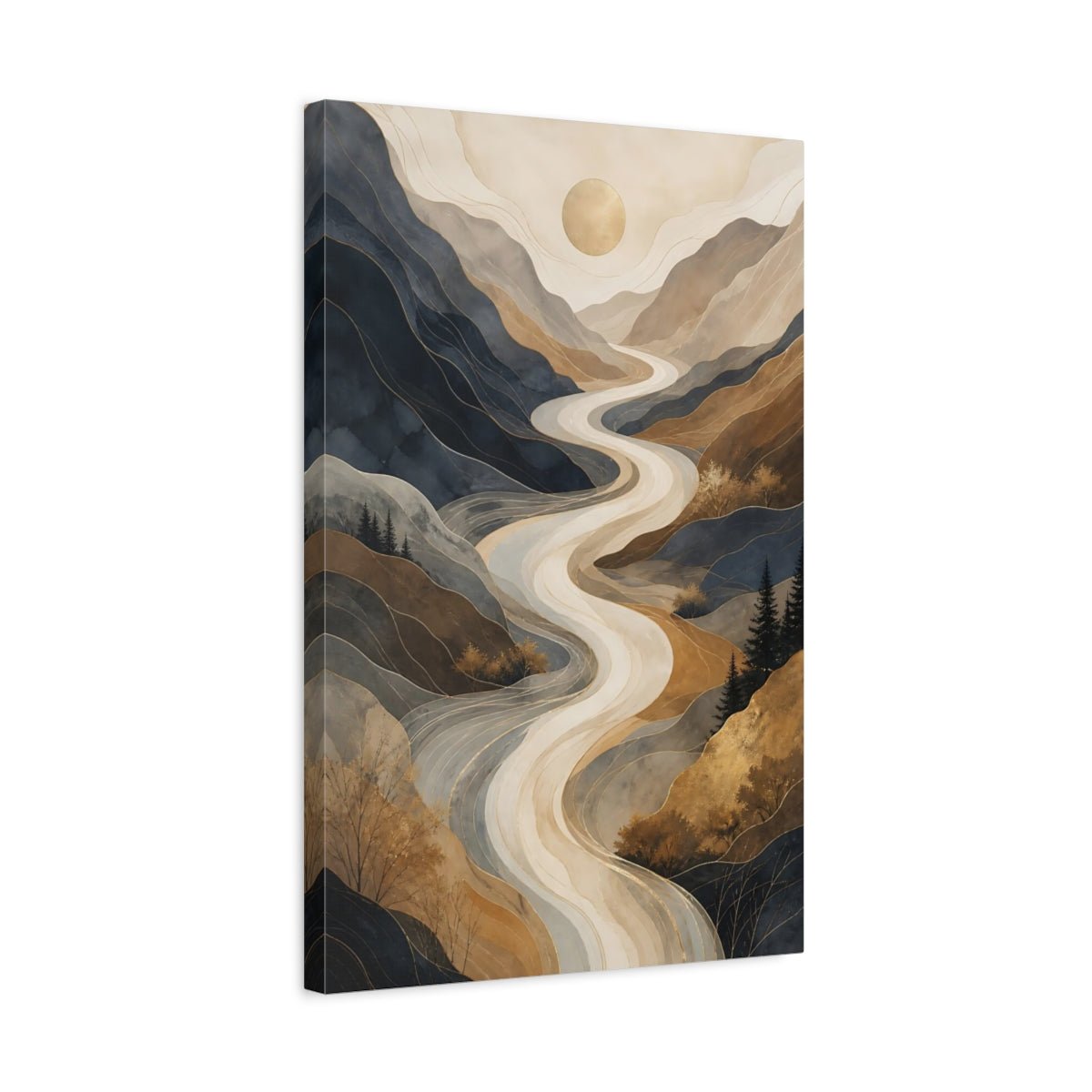 Nature Mountain River Blue Brown Gold Canvas Wall Art Print – Living Room Decor, Large - YesArtYes