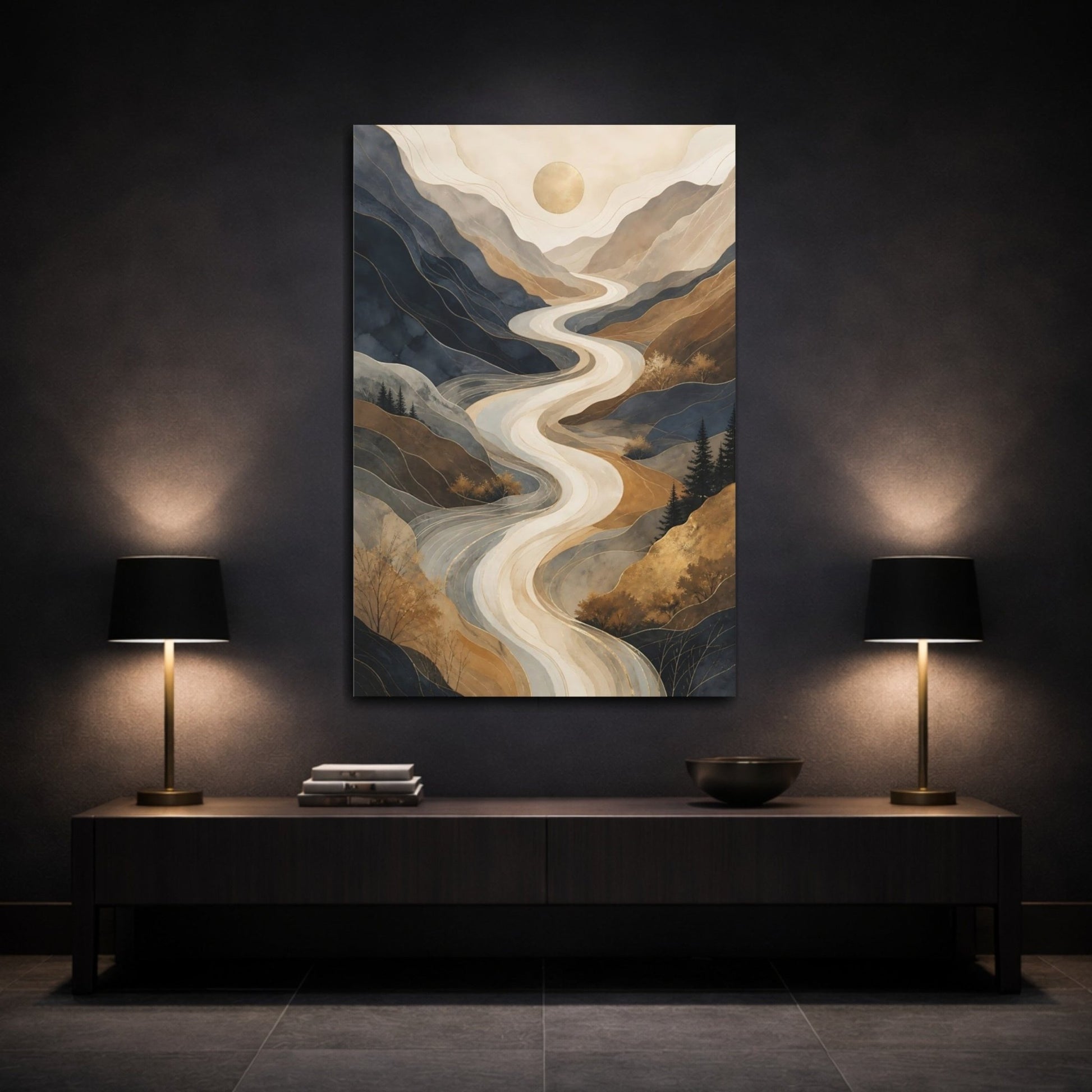 Nature Mountain River Blue Brown Gold Canvas Wall Art Print – Living Room Decor, Large - YesArtYes