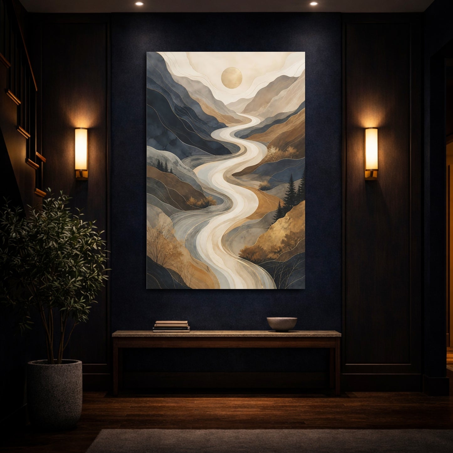 Mockup 4. Nature Mountain River Blue Brown Gold shown as stretched canvas wall art