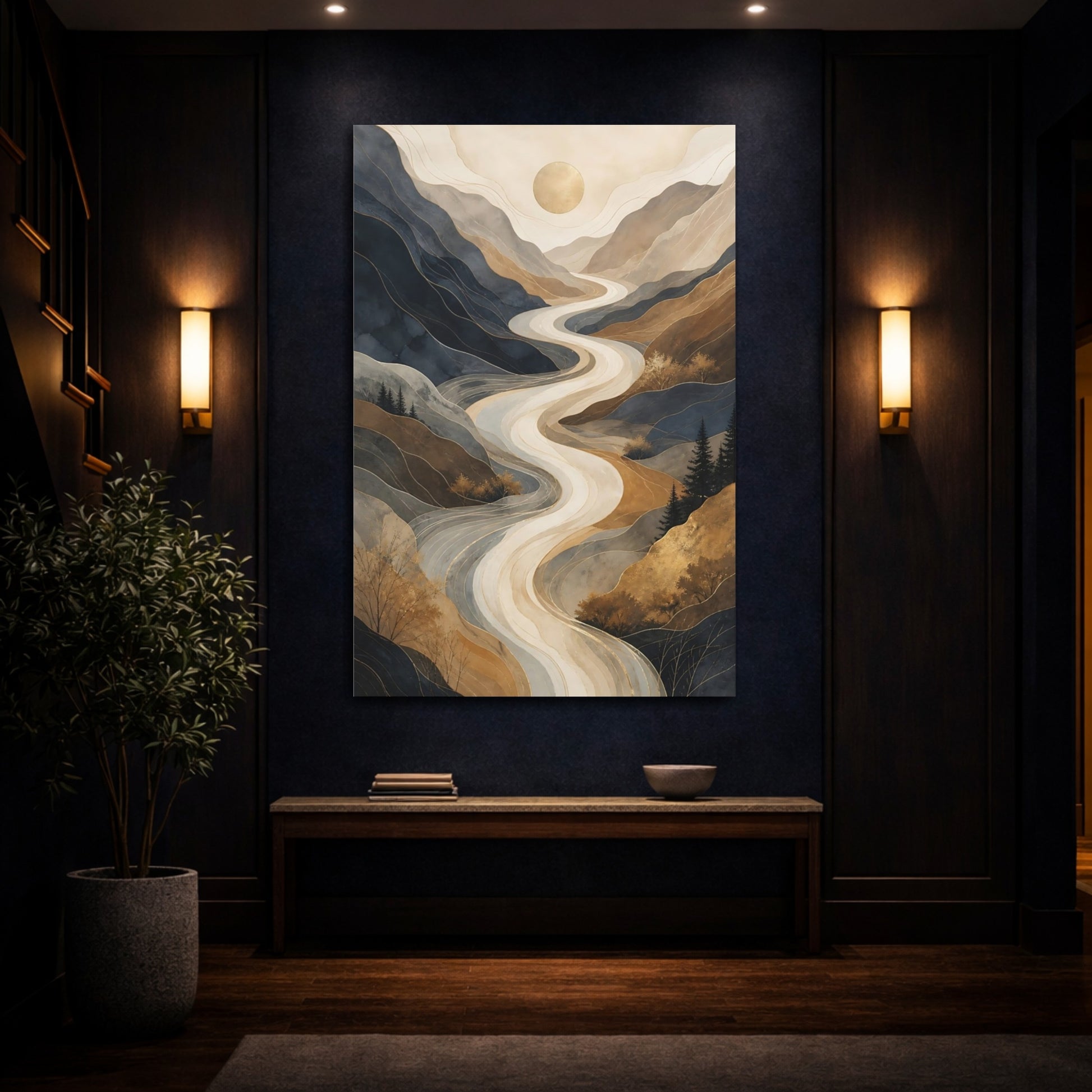 Mockup 4. Nature Mountain River Blue Brown Gold shown as stretched canvas wall art