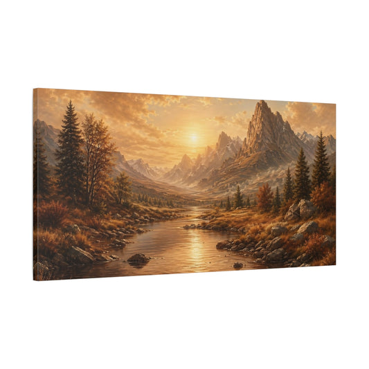 Main Mockup. Nature Mountain River Golden Landscape shown as stretched canvas wall art