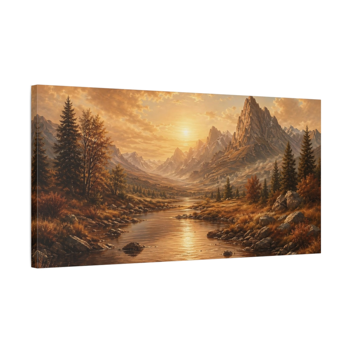 Side Mockup 1. Nature Mountain River Golden Landscape shown as stretched canvas wall art
