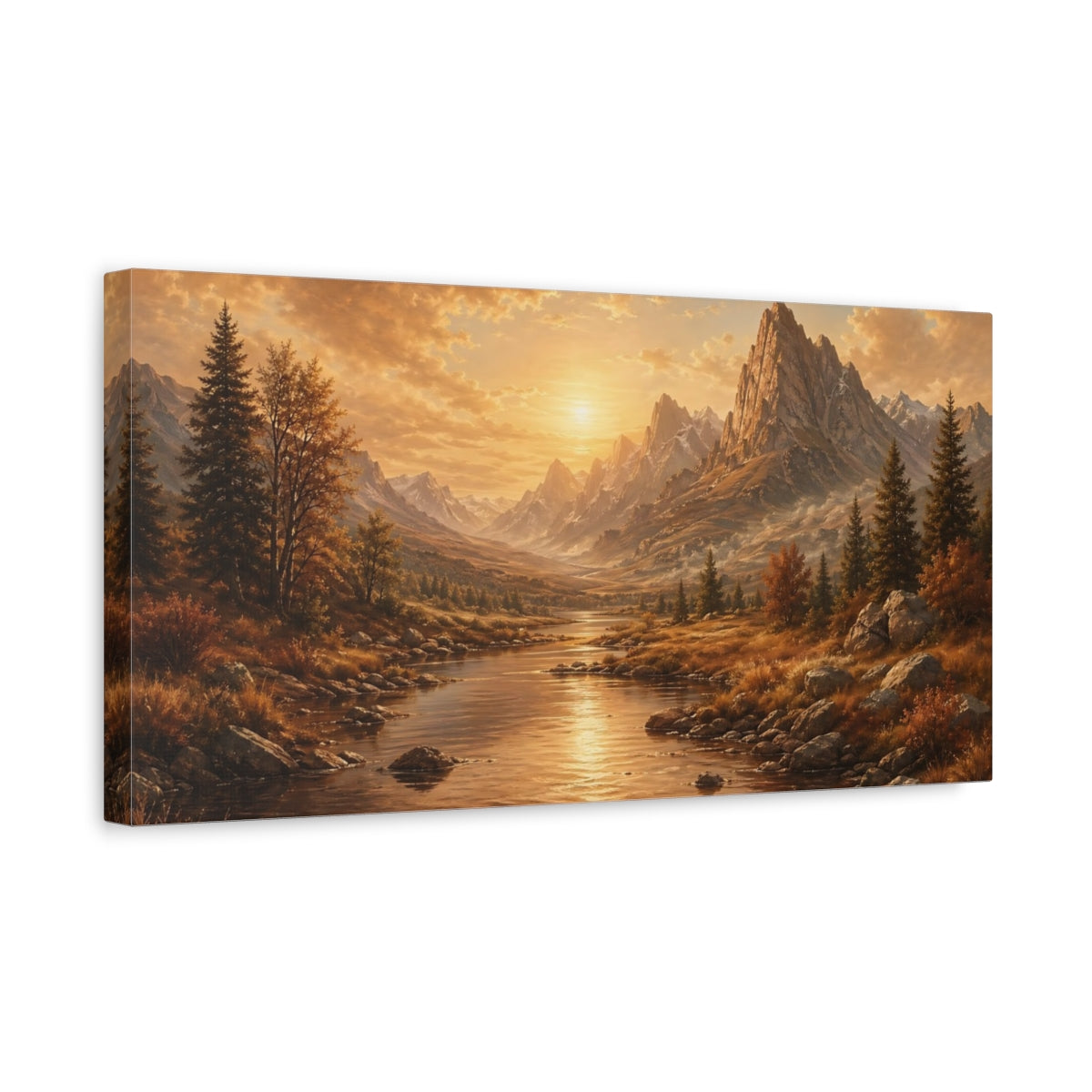 Side Mockup 3. Nature Mountain River Golden Landscape shown as stretched canvas wall art