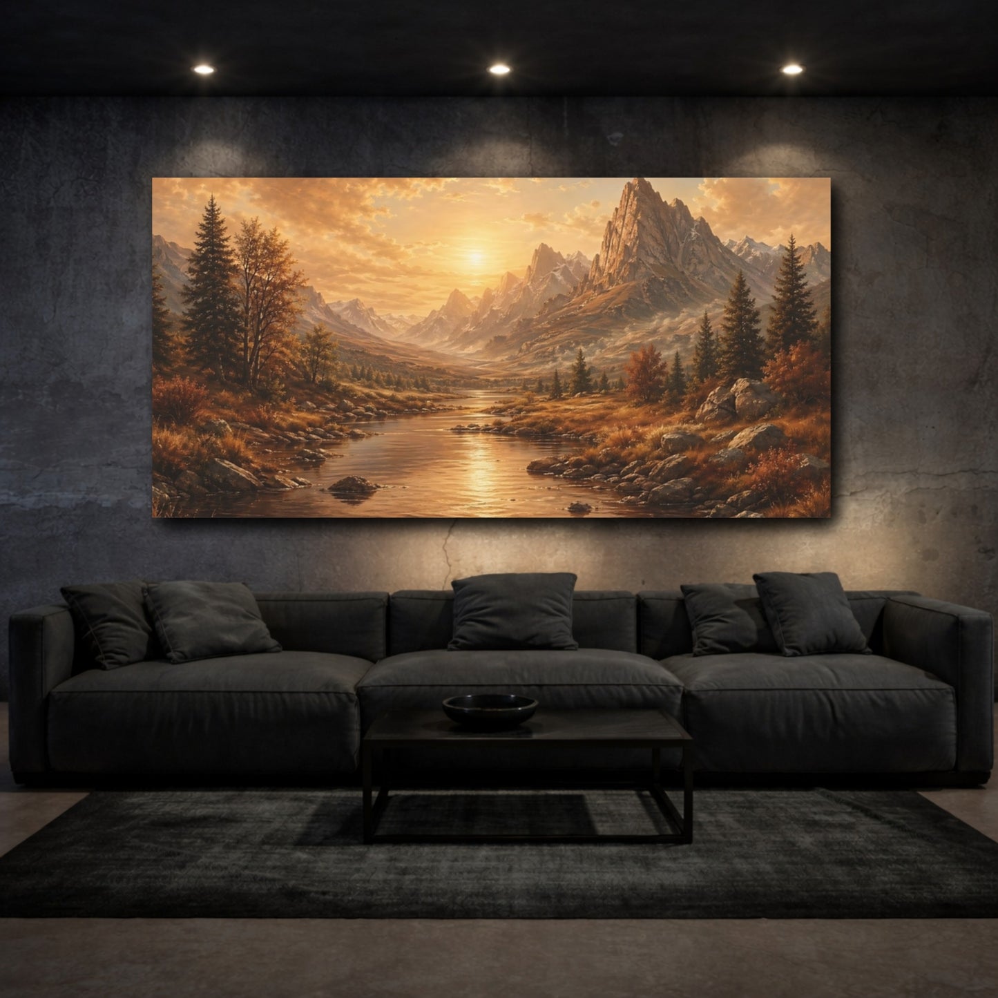 Mockup 2. Nature Mountain River Golden Landscape shown as stretched canvas wall art