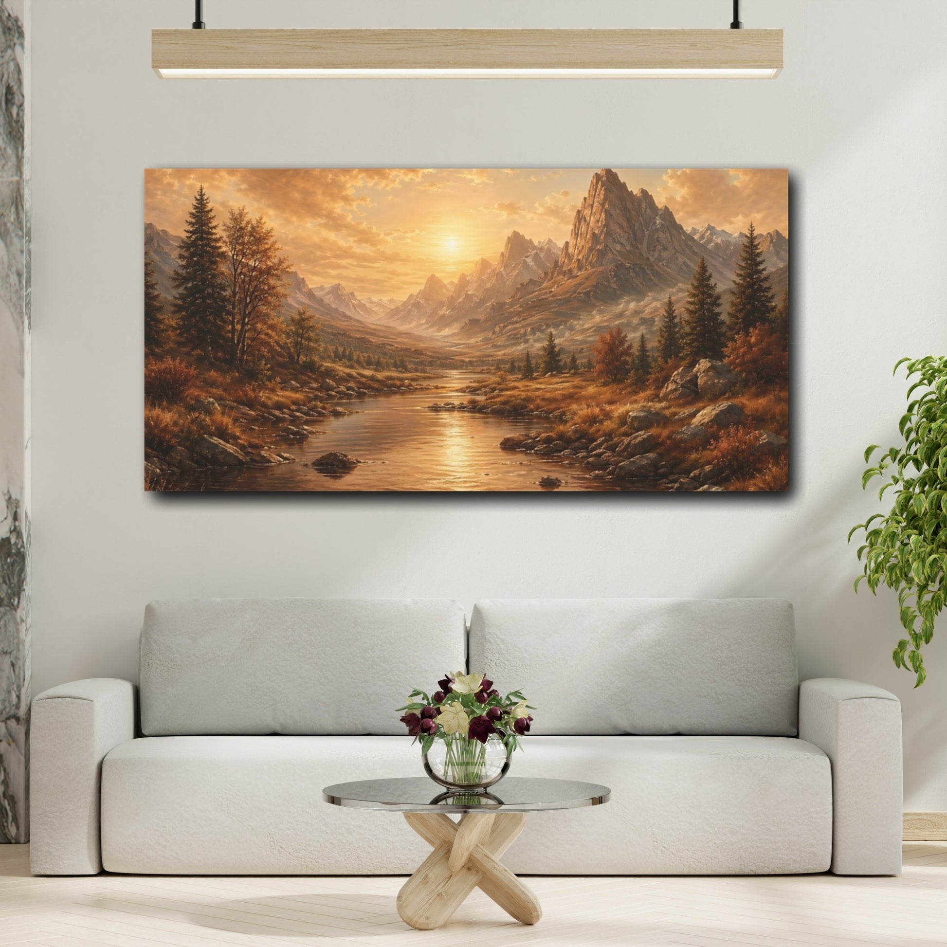 Mockup 3. Nature Mountain River Golden Landscape shown as stretched canvas wall art