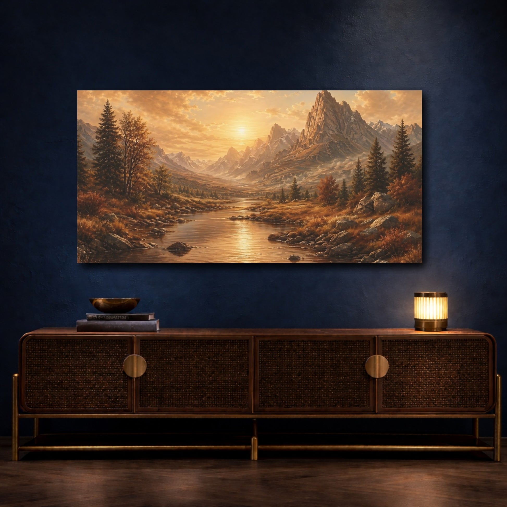 Mockup 4. Nature Mountain River Golden Landscape shown as stretched canvas wall art
