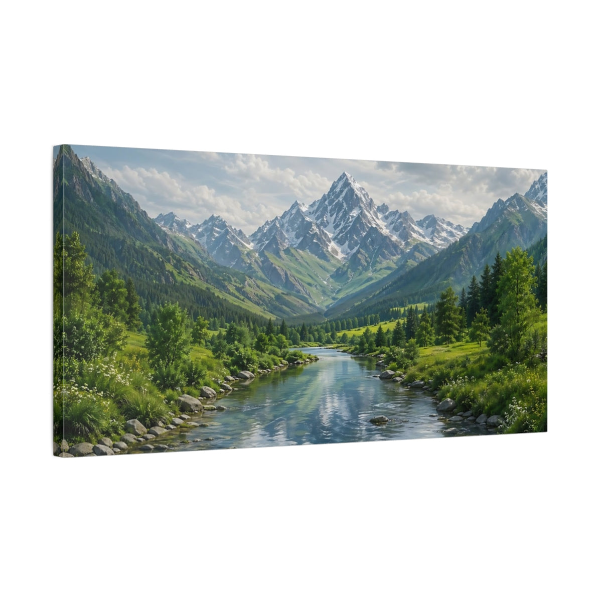 Side Mockup 1. Nature Mountain River Green Mountains River shown as stretched canvas wall art