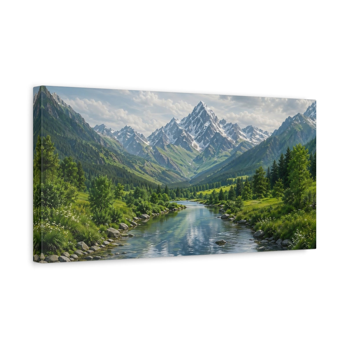 Side Mockup 3. Nature Mountain River Green Mountains River shown as stretched canvas wall art