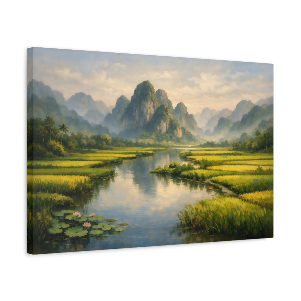 Side Mockup 3. Nature Mountain River Green Mountain River shown as stretched canvas wall art