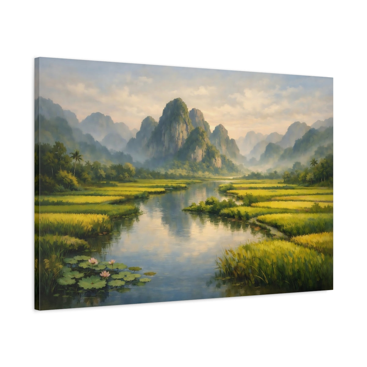 Side Mockup 1. Nature Mountain River Green Mountain Landscape shown as stretched canvas wall art