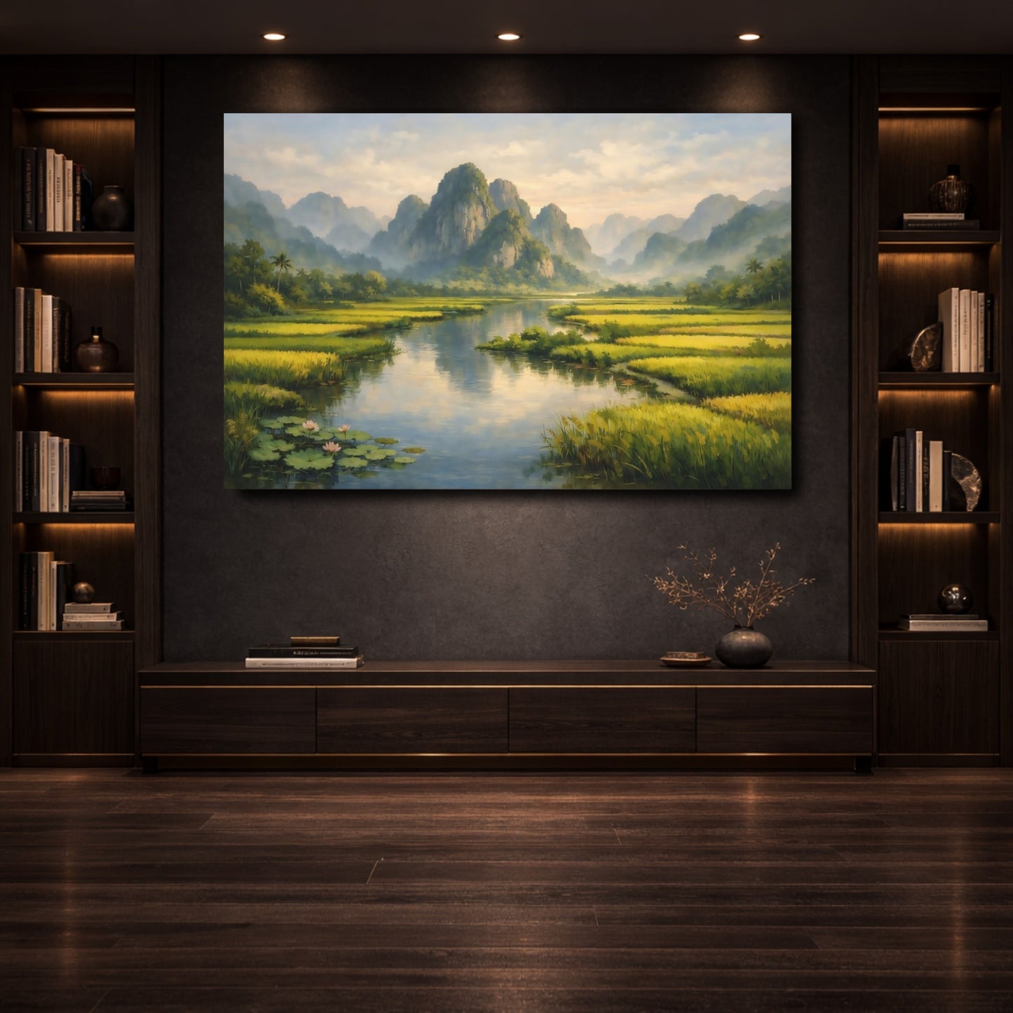 Mockup 3. Nature Mountain River Green Mountain Landscape shown as stretched canvas wall art