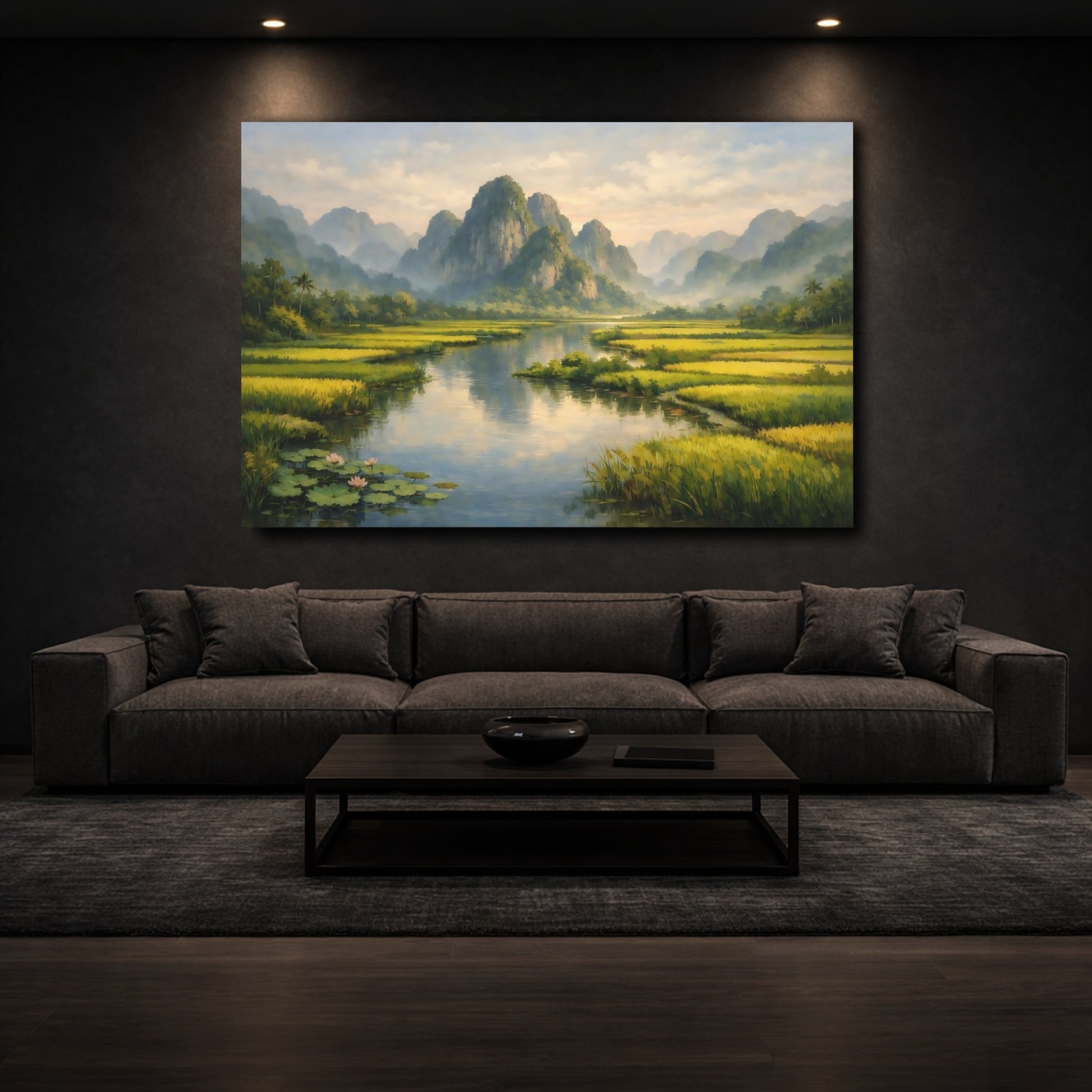 Mockup 2. Nature Mountain River Green Mountain River shown as stretched canvas wall art