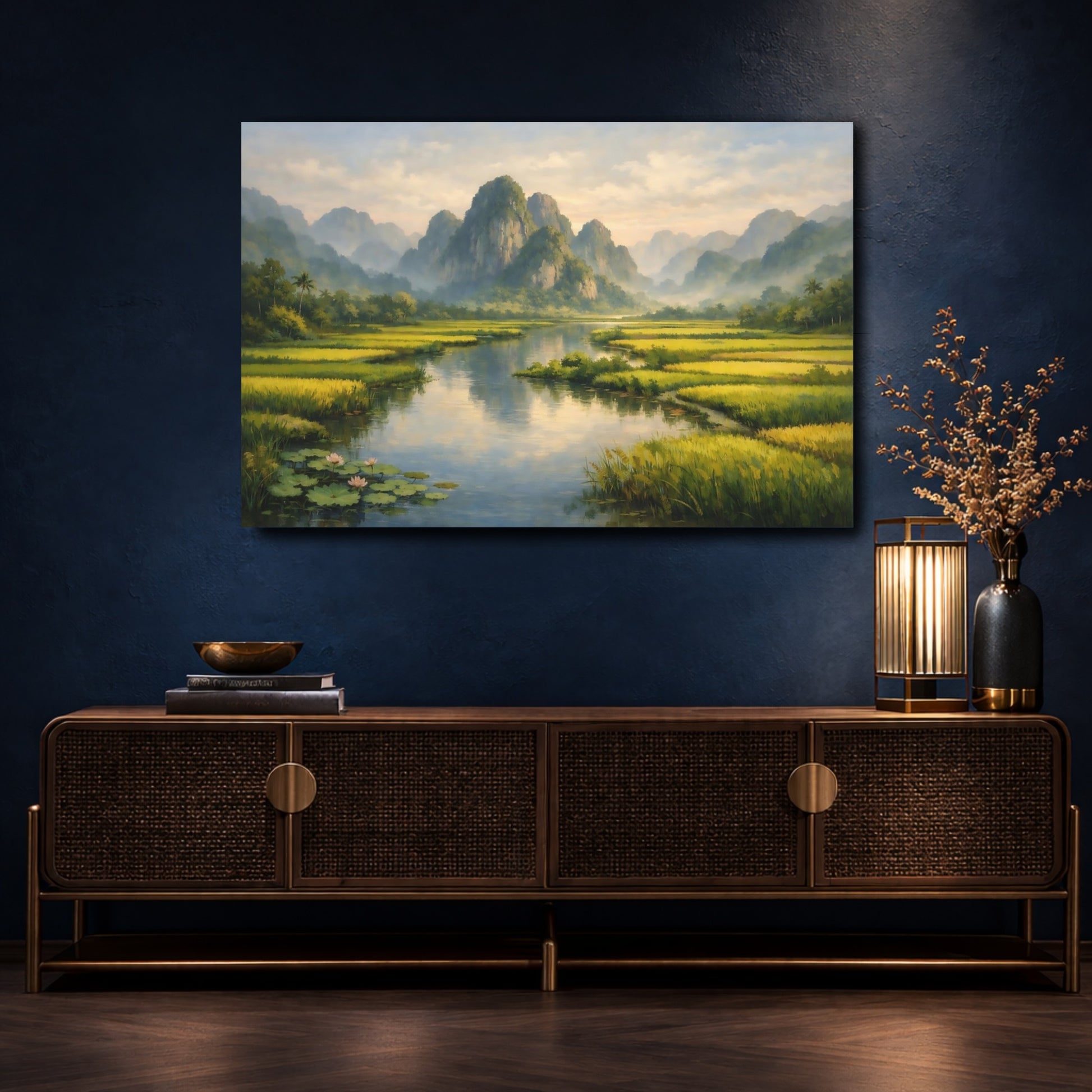 Mockup 4. Nature Mountain River Green Mountain River shown as stretched canvas wall art