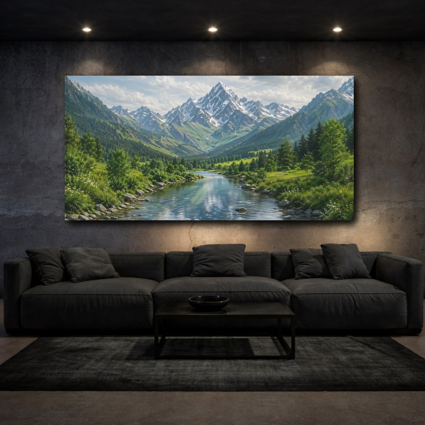 Mockup 2. Nature Mountain River Green Mountains River shown as stretched canvas wall art