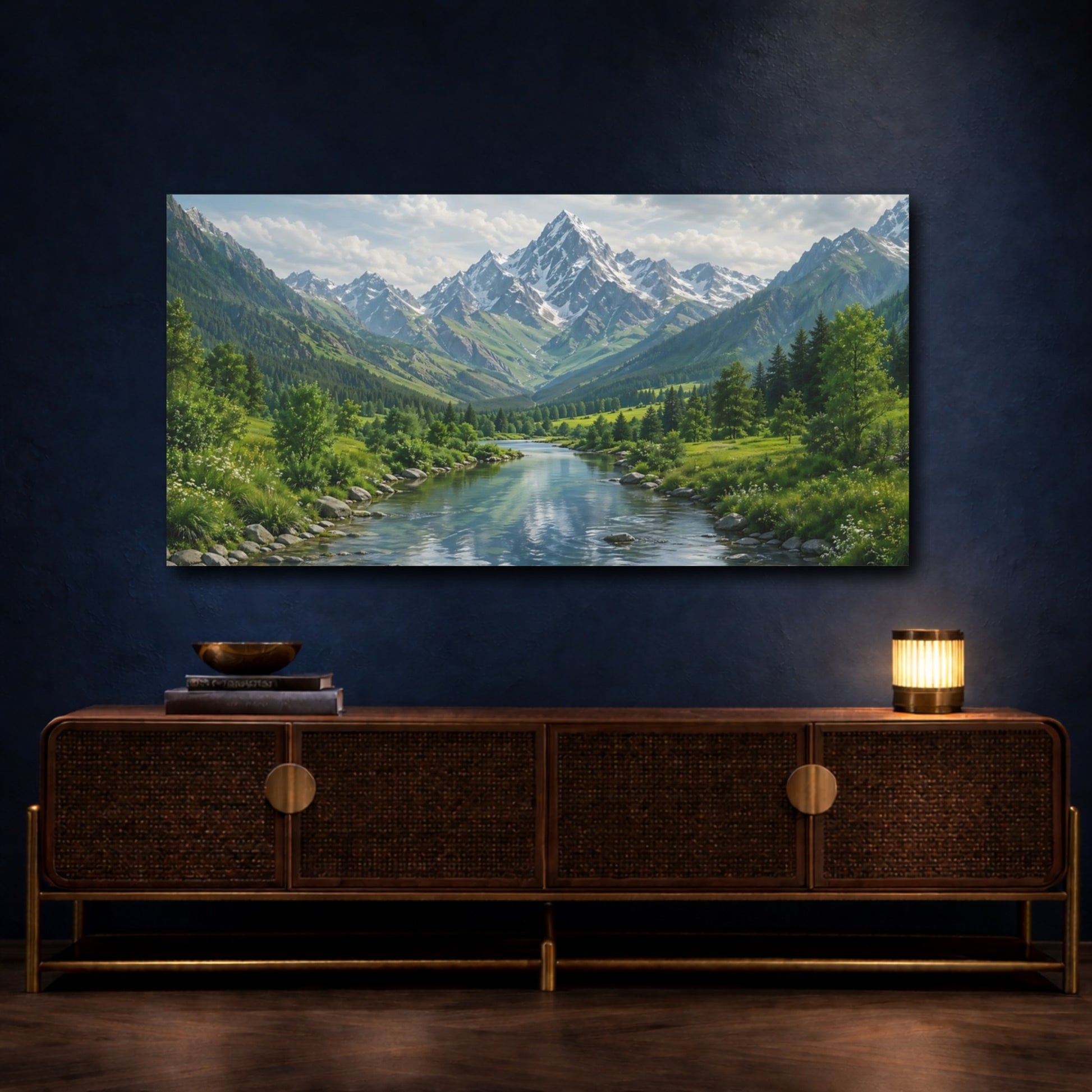 Mockup 3. Nature Mountain River Green Mountains River shown as stretched canvas wall art