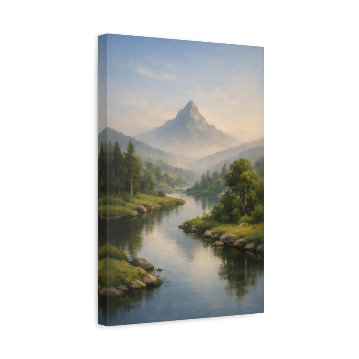 Side Mockup 4. Nature Mountain, River Misty Mountain River shown as stretched canvas wall art