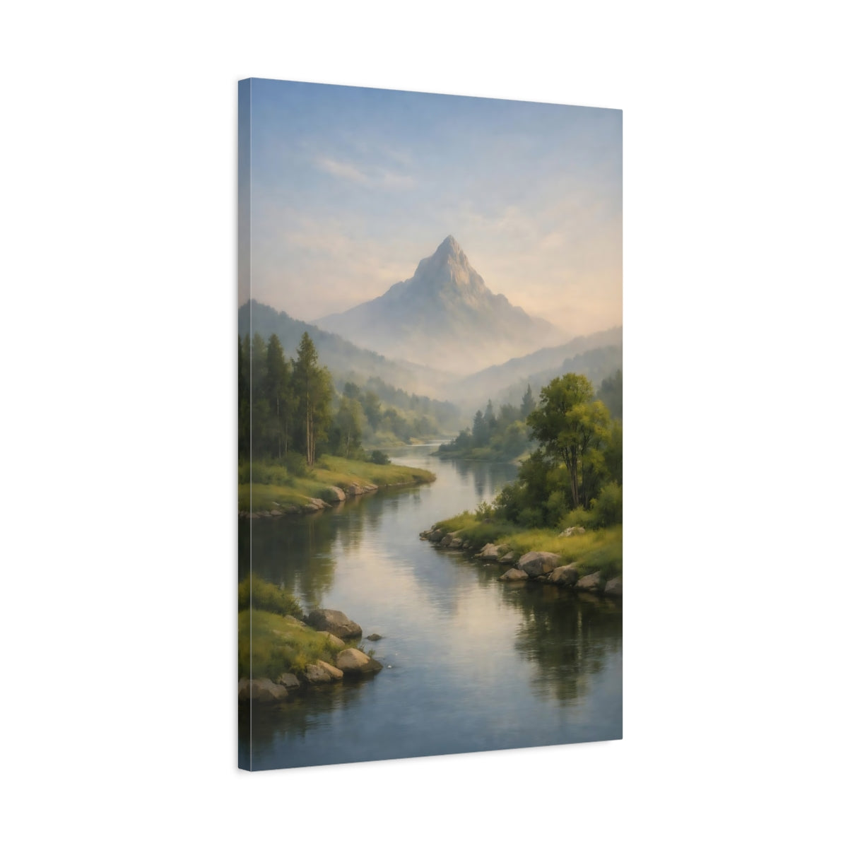 Side Mockup 2. Nature Mountain, River Misty Mountain River shown as stretched canvas wall art
