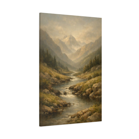 Main Mockup. Nature Mountain River Misty Mountain River shown as stretched canvas wall art