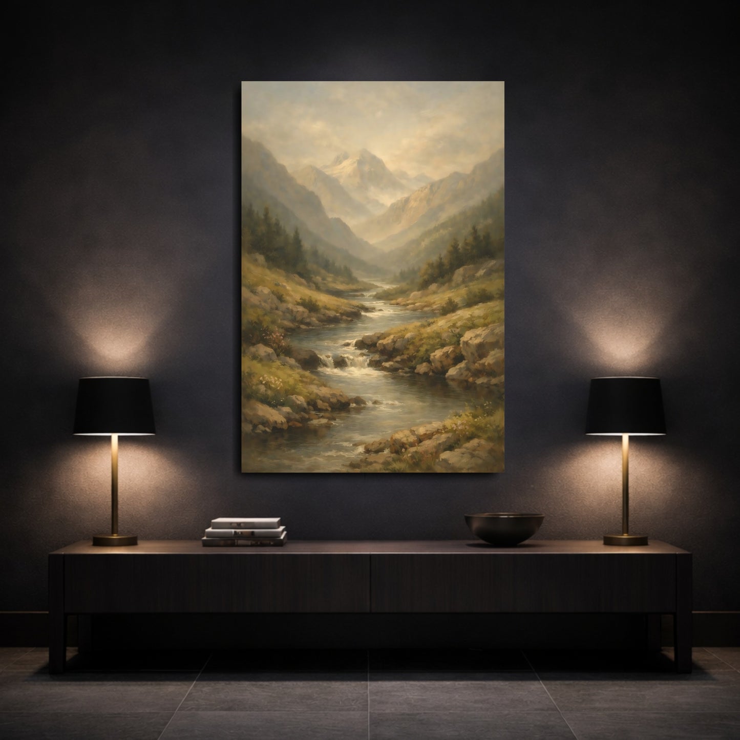 Mockup 2. Nature Mountain River Misty Mountain River shown as stretched canvas wall art