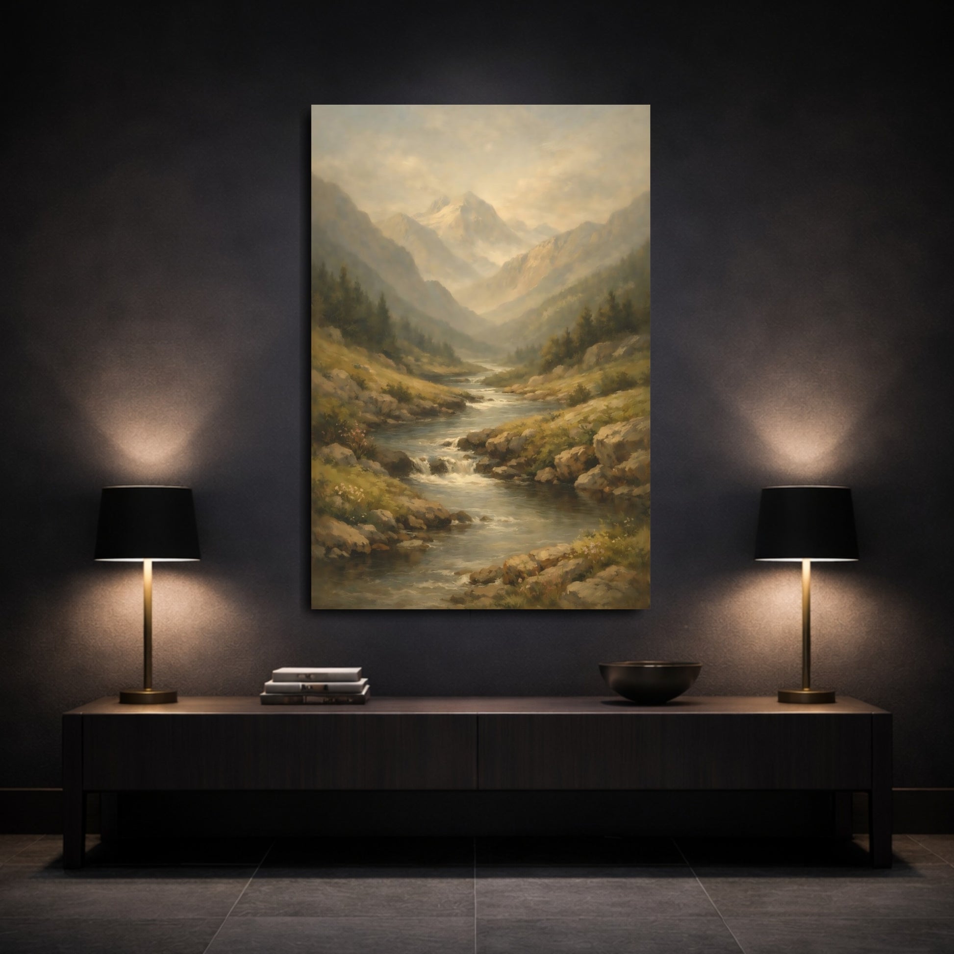 Mockup 2. Nature Mountain River Misty Mountain River shown as stretched canvas wall art