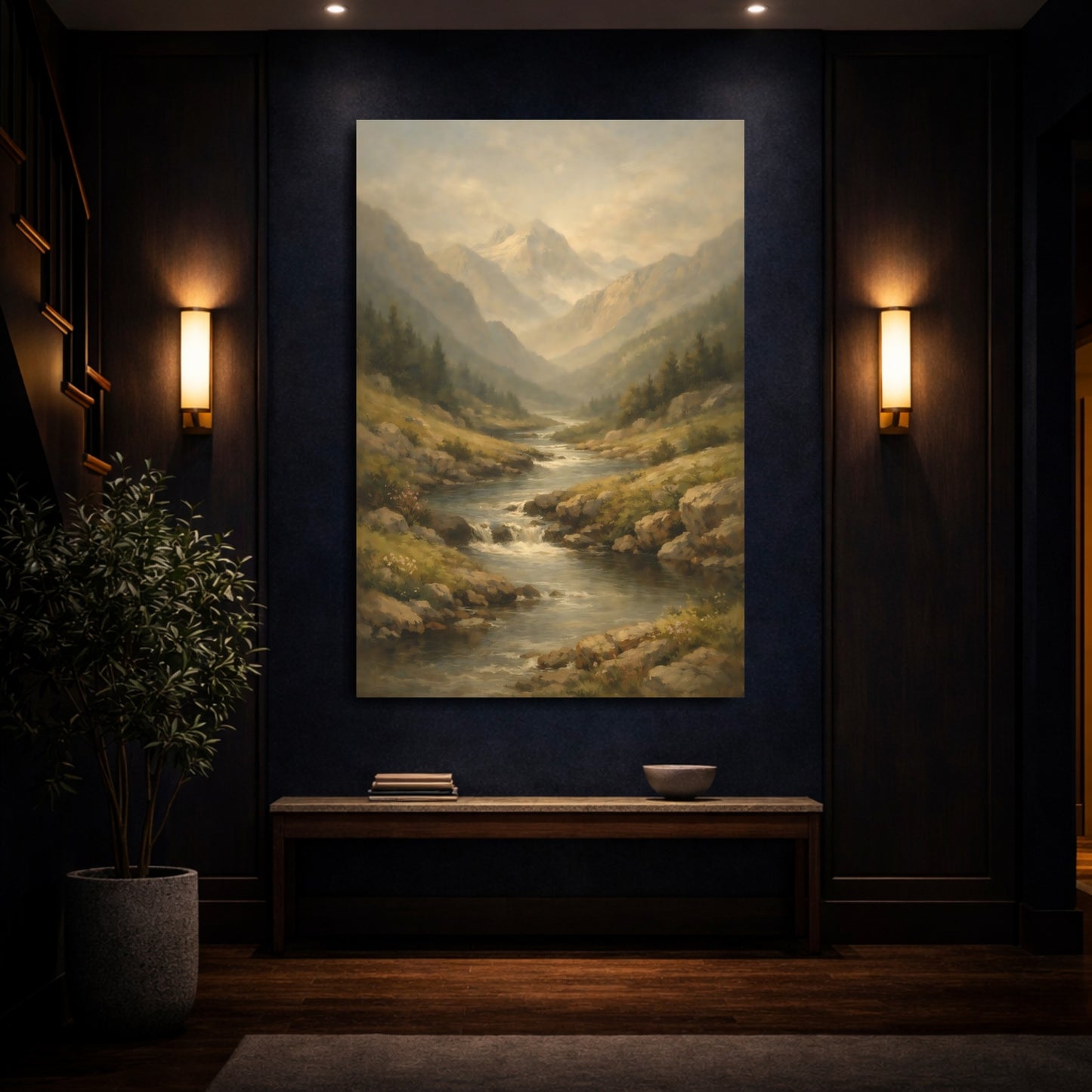Mockup 3. Nature Mountain River Misty Mountain River shown as stretched canvas wall art