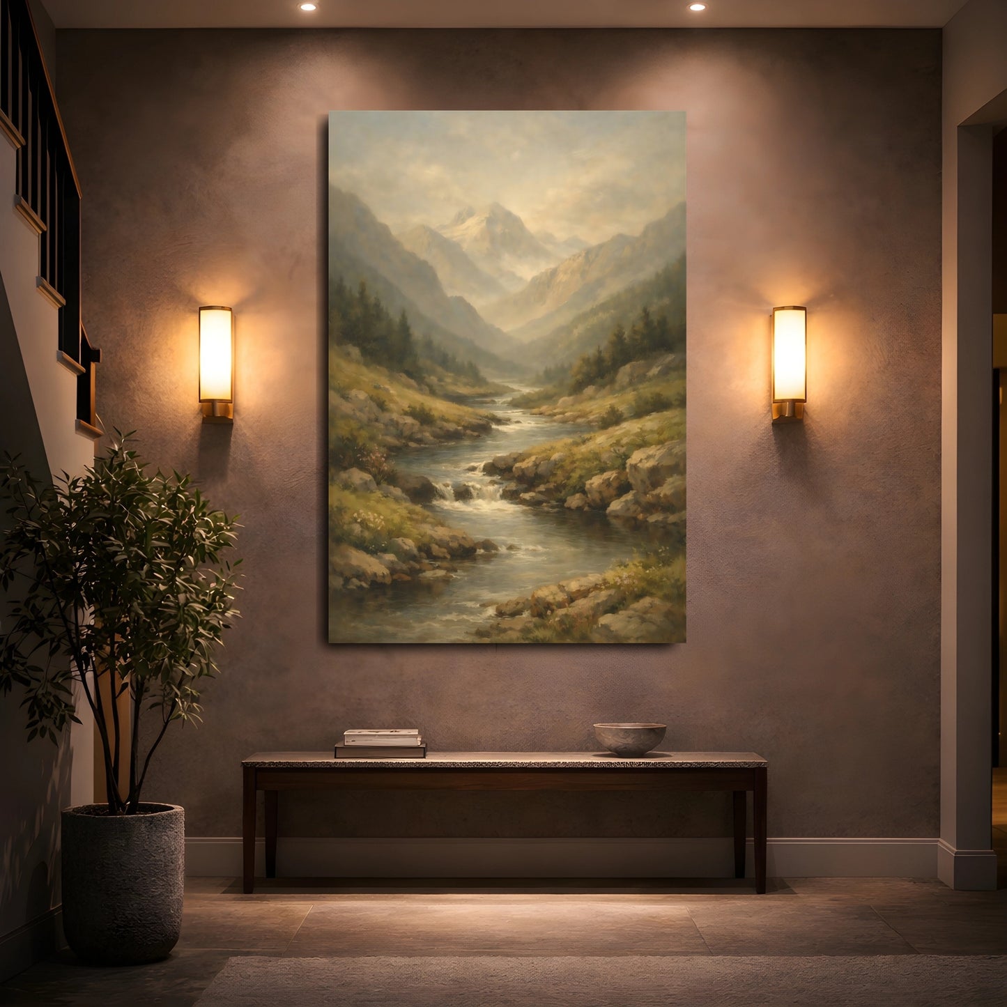 Mockup 4. Nature Mountain River Misty Mountain River shown as stretched canvas wall art