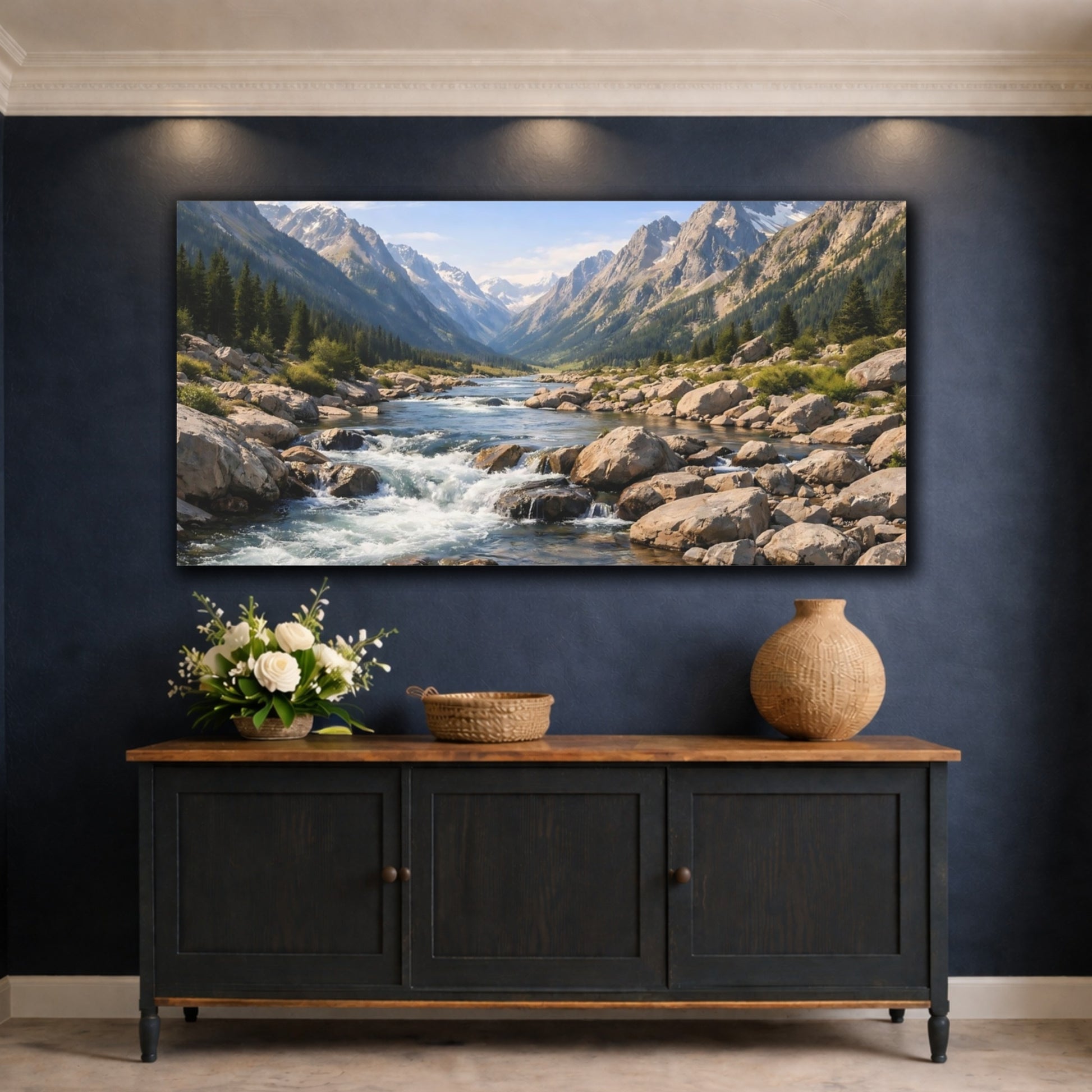 Mockup 4. Nature Mountain River Mountain River Valley shown as stretched canvas wall art