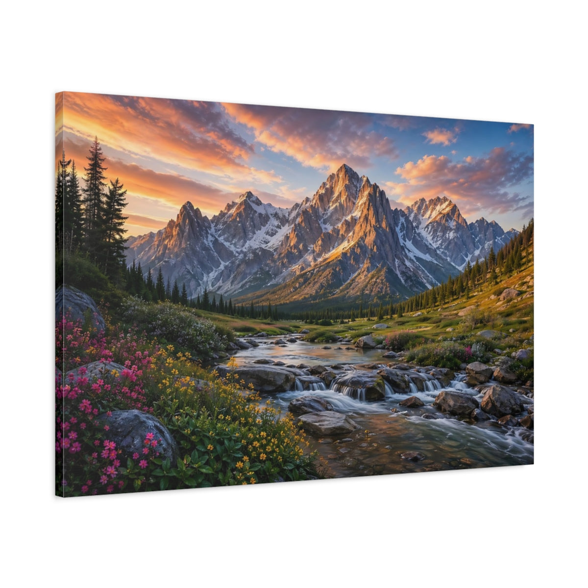 Main Mockup. Nature Mountain River Mountain Sunset shown as stretched canvas wall art