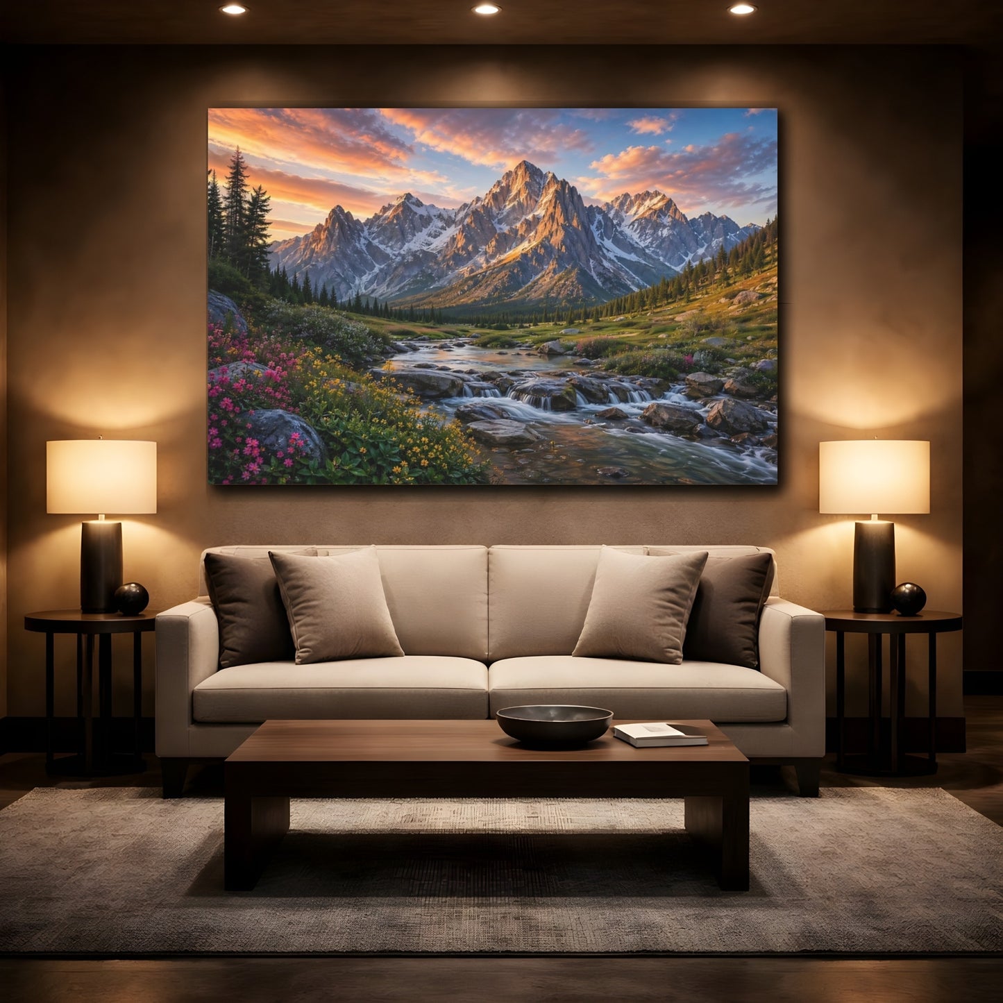 Mockup 2. Nature Mountain River Mountain Sunset shown as stretched canvas wall art