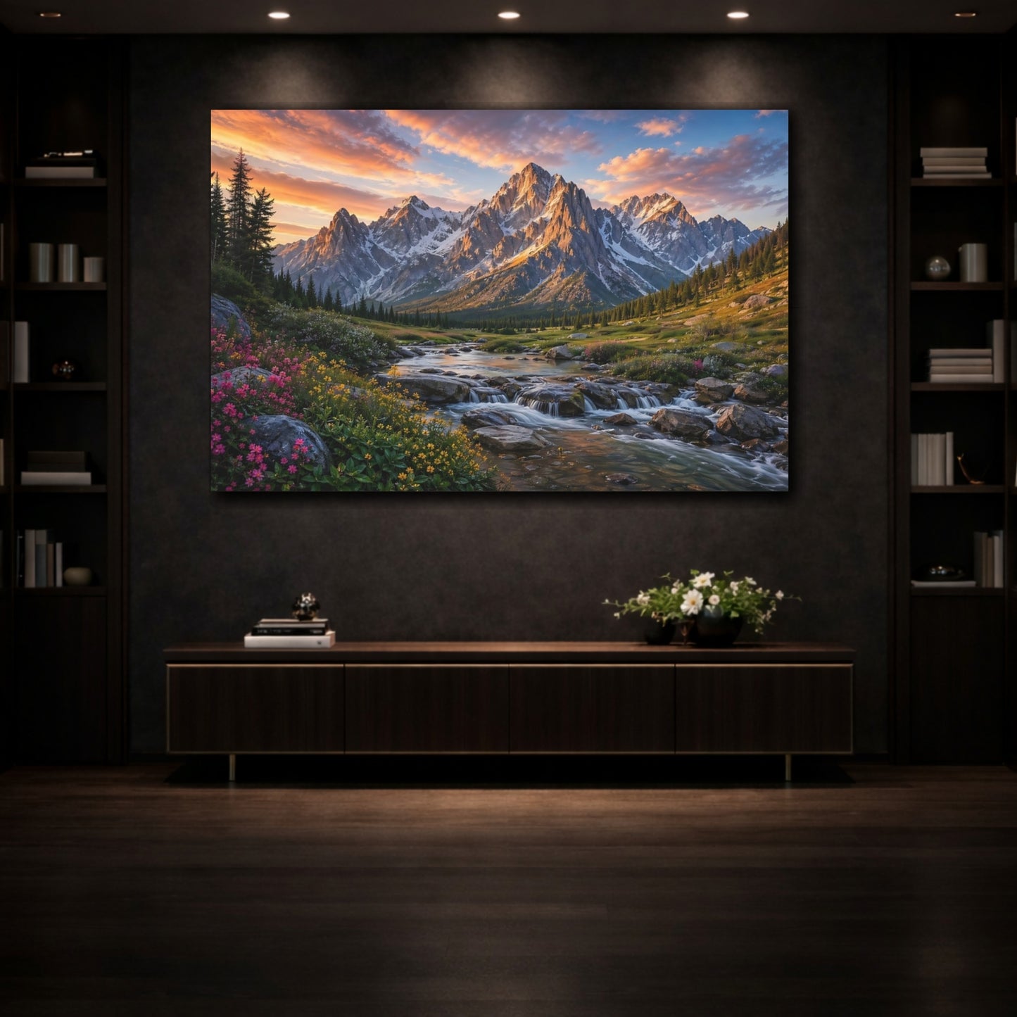 Mockup 3. Nature Mountain River Mountain Sunset shown as stretched canvas wall art