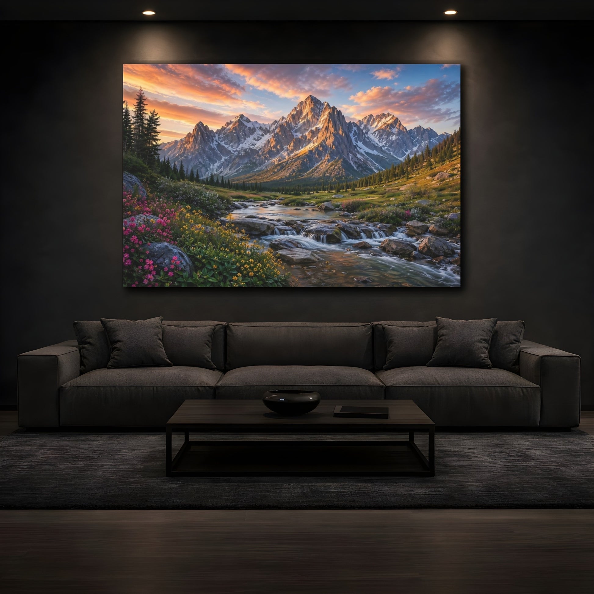 Mockup 4. Nature Mountain River Mountain Sunset shown as stretched canvas wall art