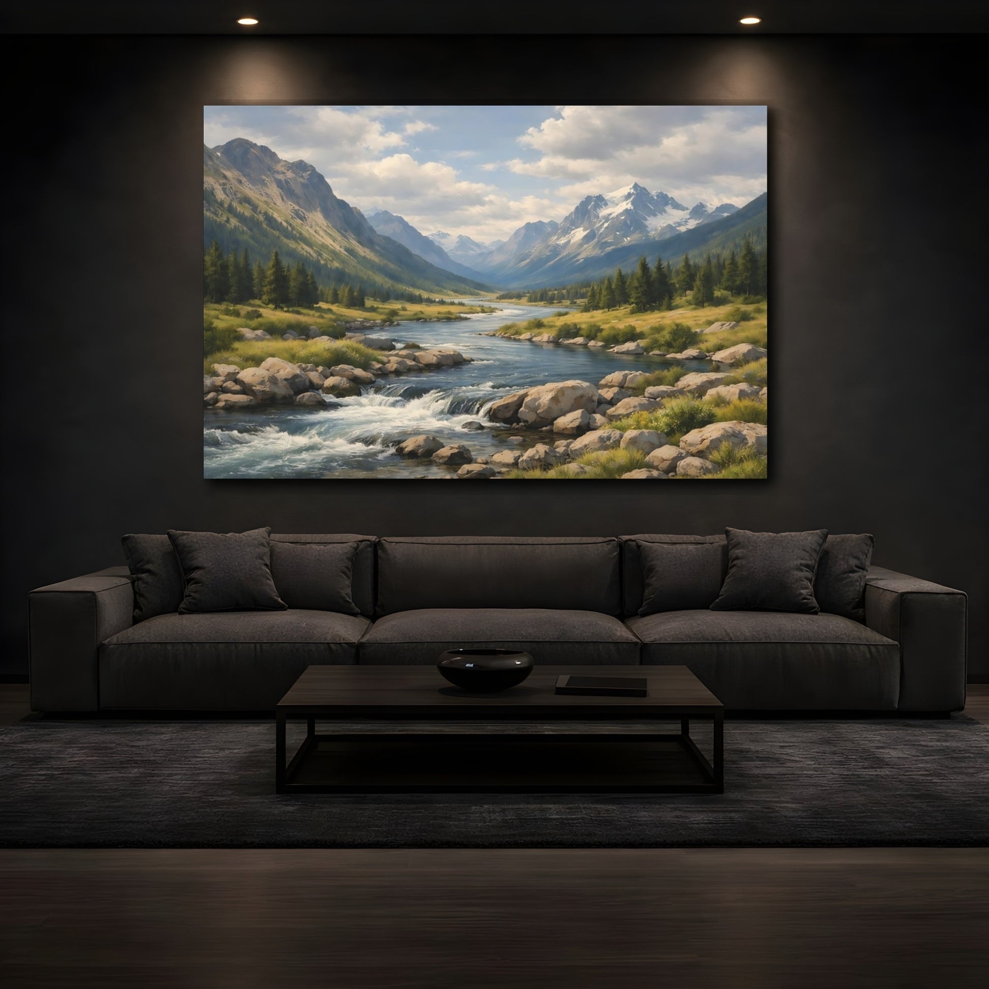 Mockup 2. Nature Mountain River Mountain Valley Landscape shown as stretched canvas wall art