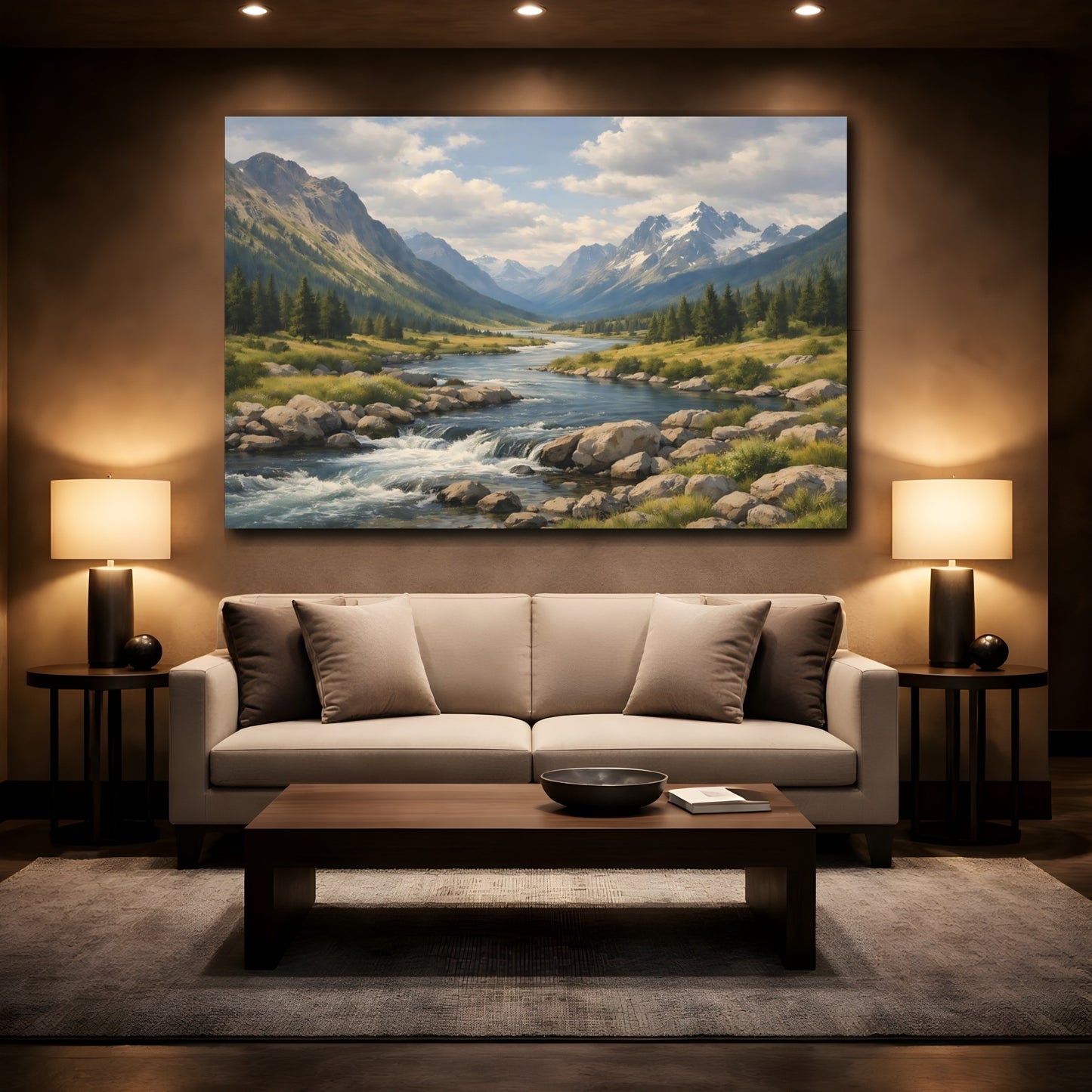 Mockup 3. Nature Mountain River Mountain Valley Landscape shown as stretched canvas wall art
