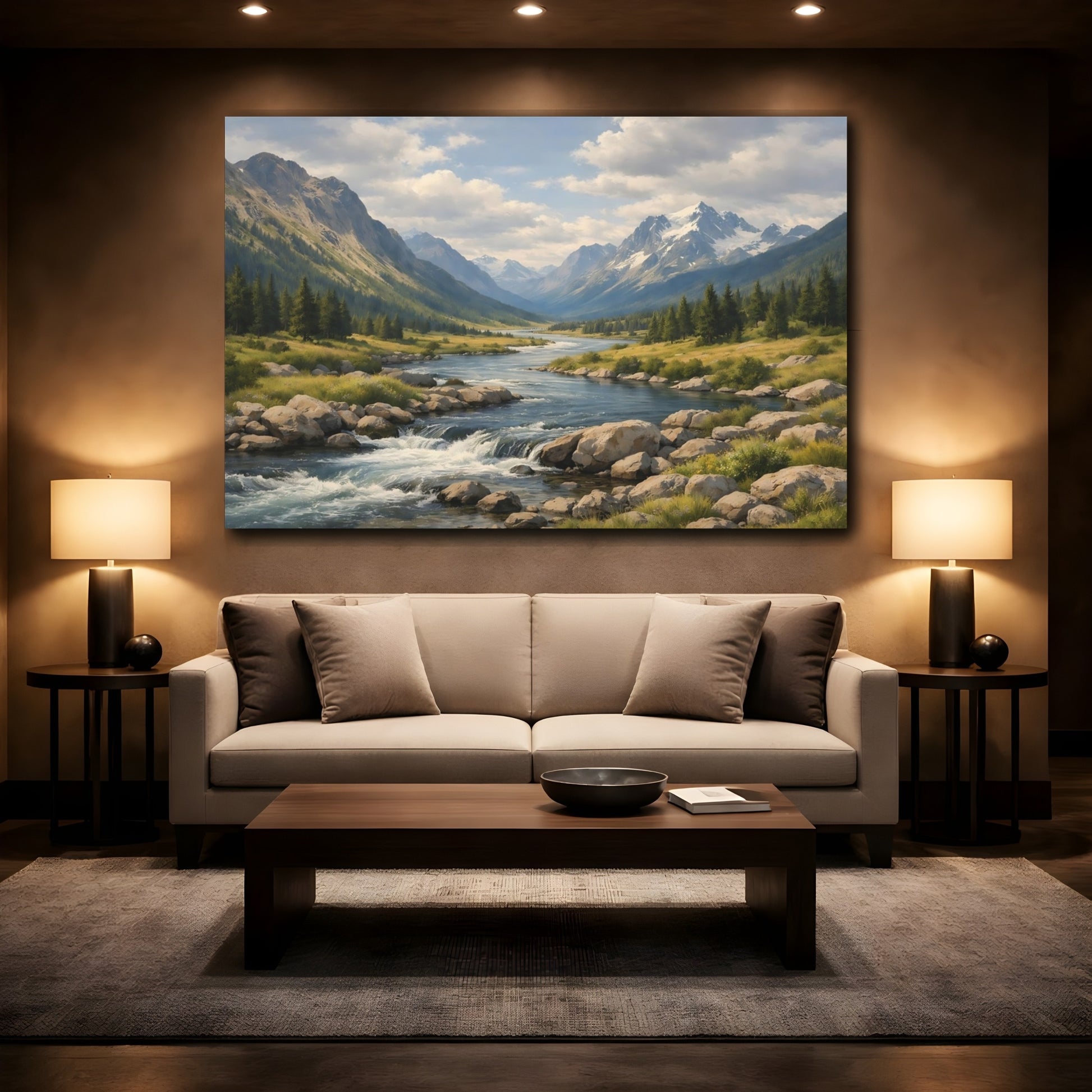 Mockup 3. Nature Mountain River Mountain Valley Landscape shown as stretched canvas wall art