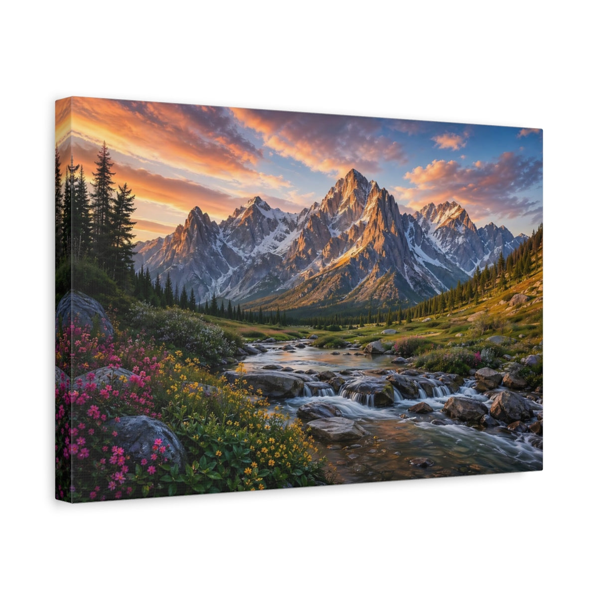 Side Mockup 4. Nature Mountain River Mountain Sunset shown as stretched canvas wall art